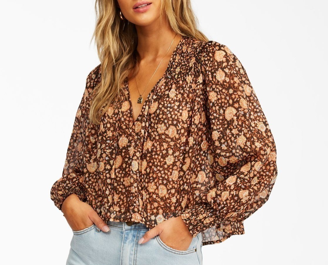 BILLABONG Late Night Blouse Sz S Black Orange Floral Peasant Sleeve VNeck Cotton