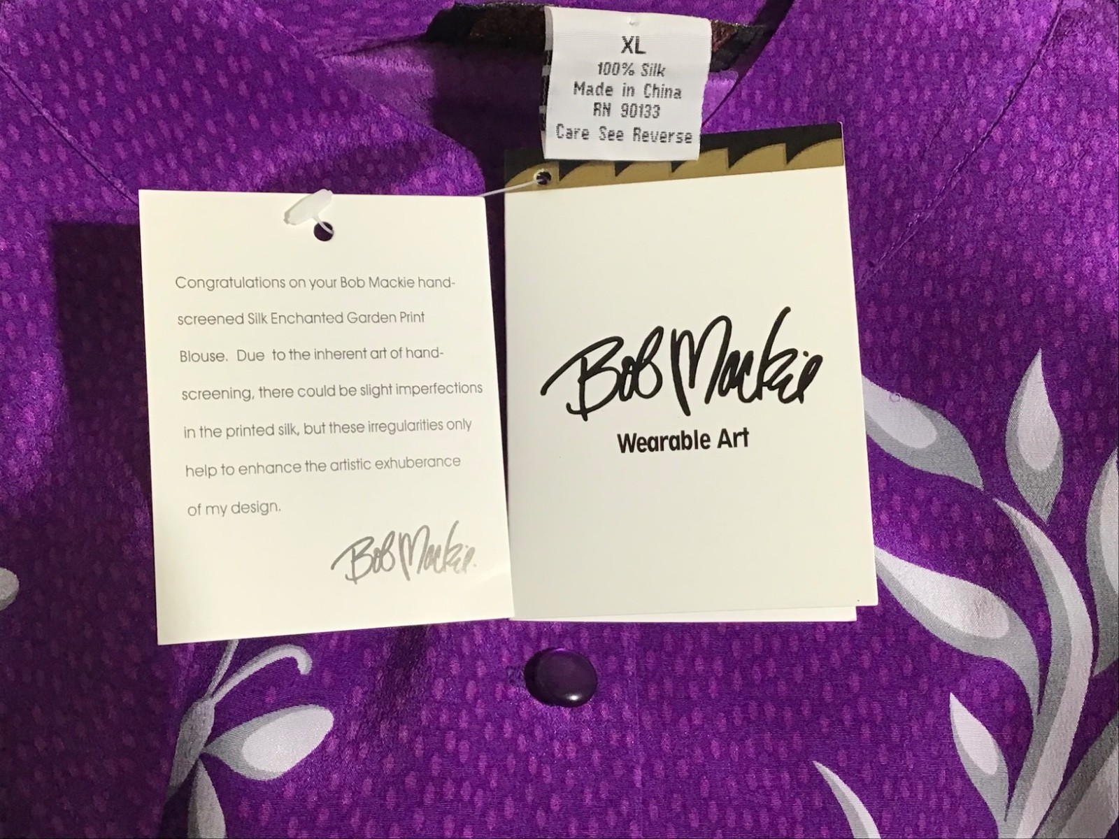 Vtg Bob Mackie Wearable Art Blouse 100% Silk Purple XL Butterflies Bird Artsy
