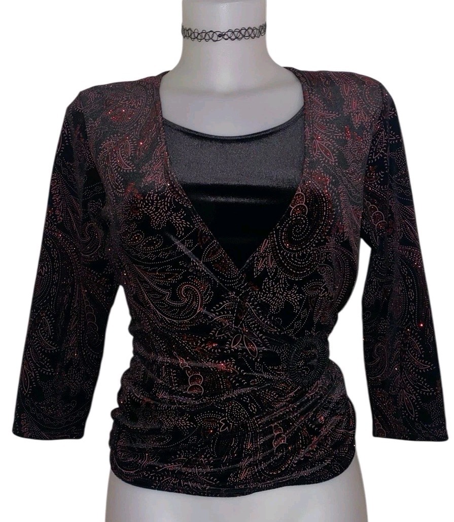 Vtg 90s Womens Black Velvet Glitter Stretch Witchy Whimsigoth Vampy Wrap Top M