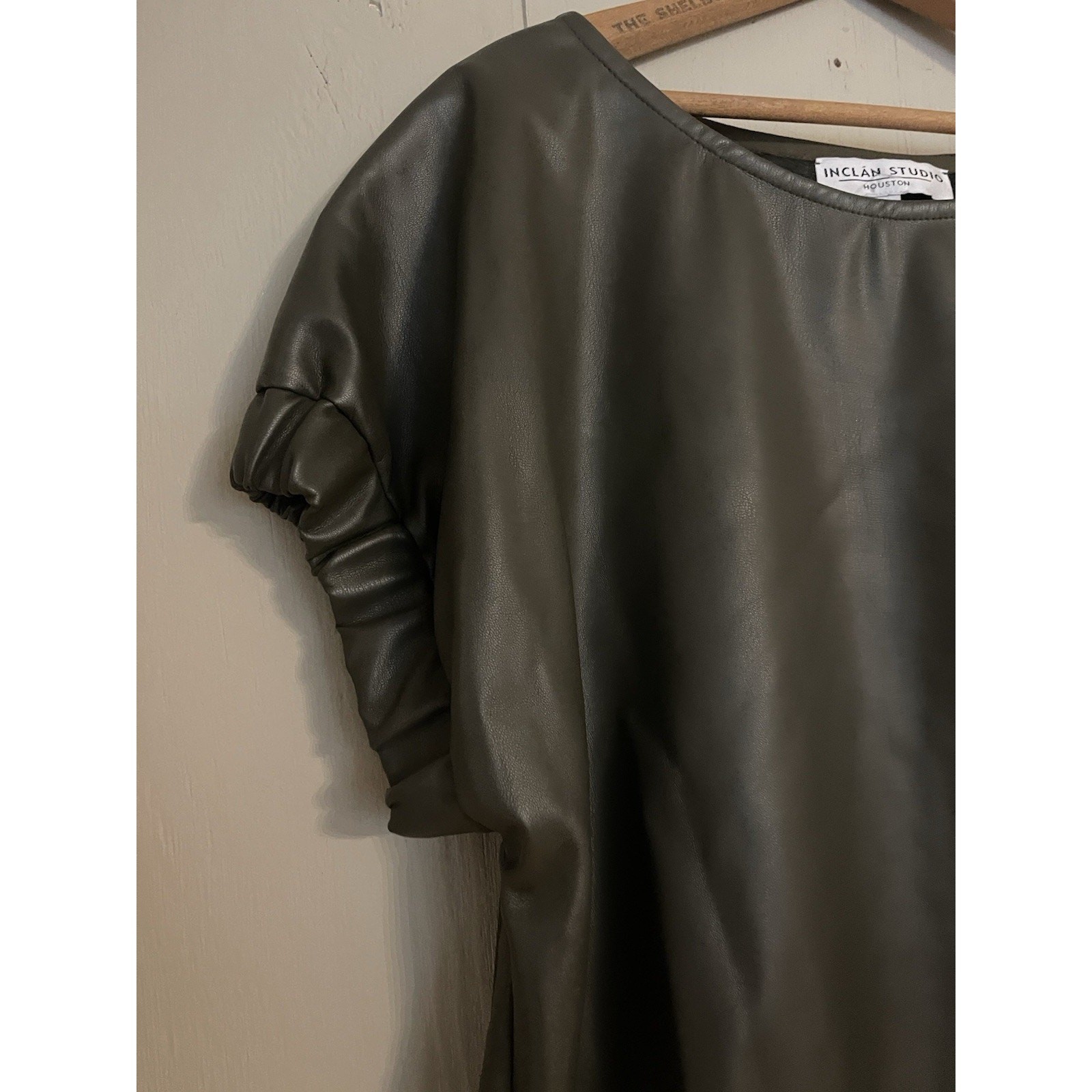 INCLAN STUDIO Olive Green Capsule Gathered Sleeve Vegan Leather Top Blouse L
