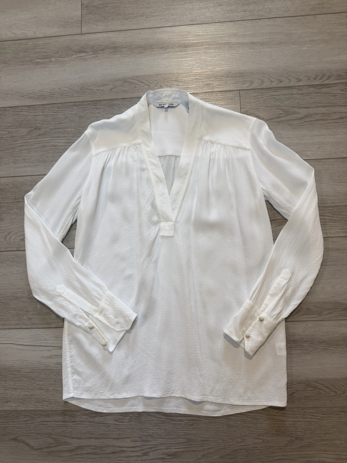 Helmut Lang Top Blouse Sz S Ivory Textured Popover V neck Classic Designer Work