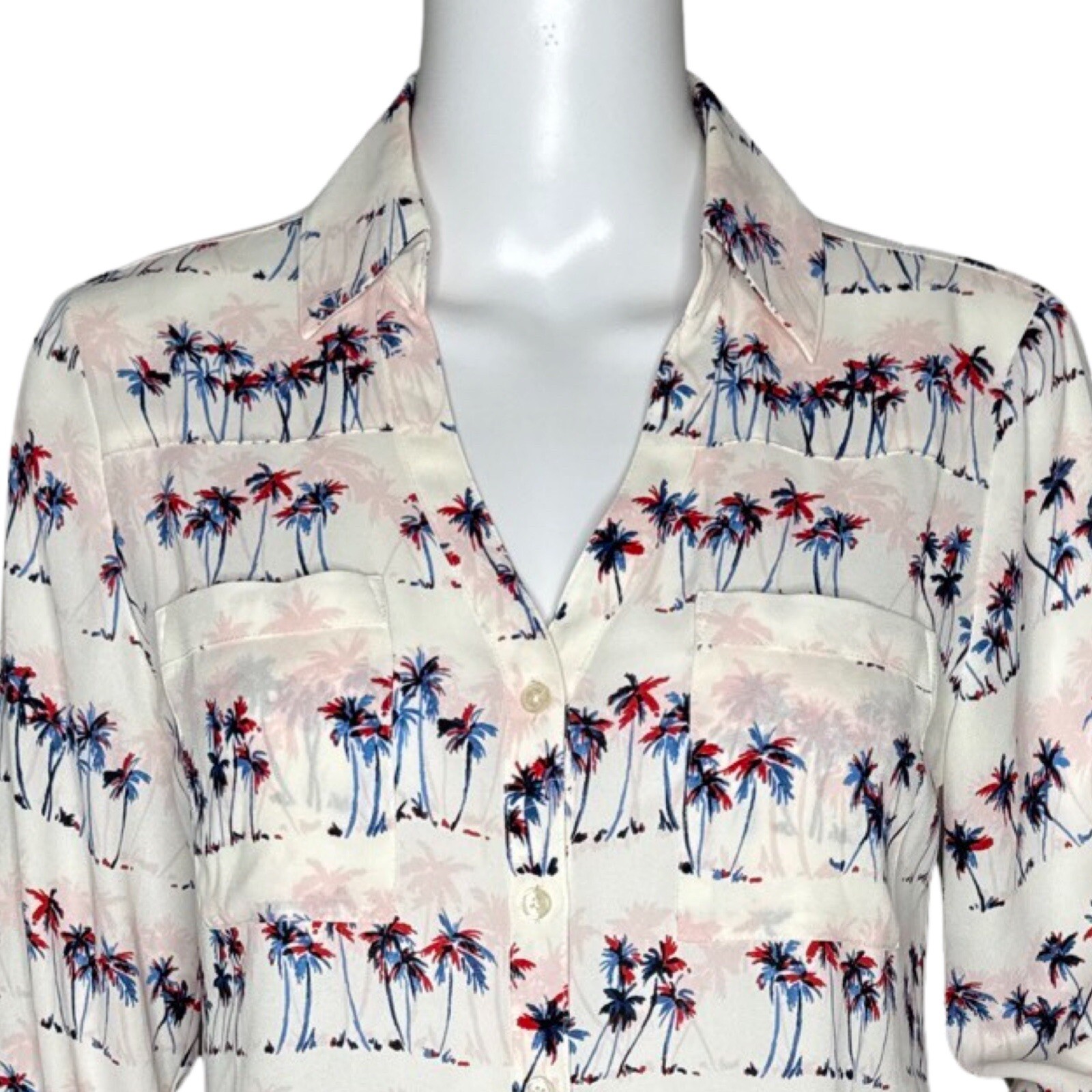 Express Shirt Womens XS White Blue Red Pink Palm Trees Portofino Office Casual