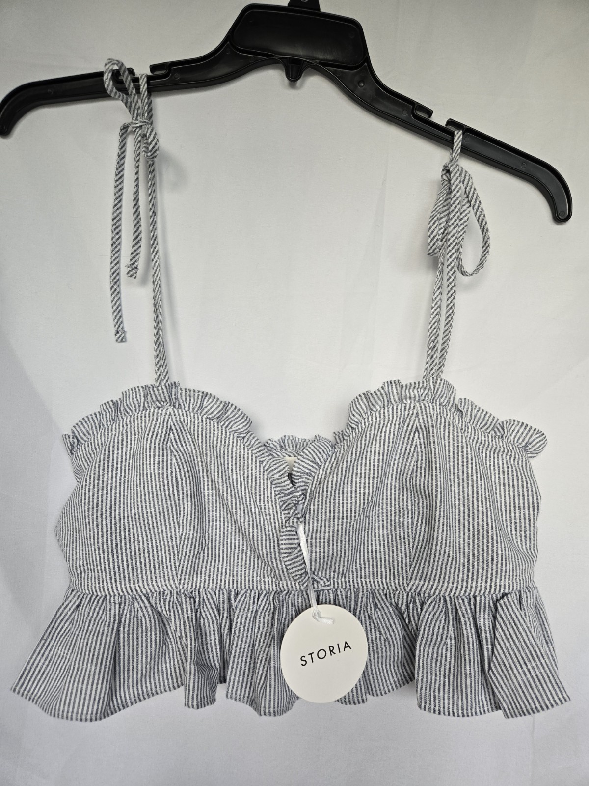 STORIA Women’s Blue/White Striped Ruffle Tie-Strap Sweetheart Crop Top L