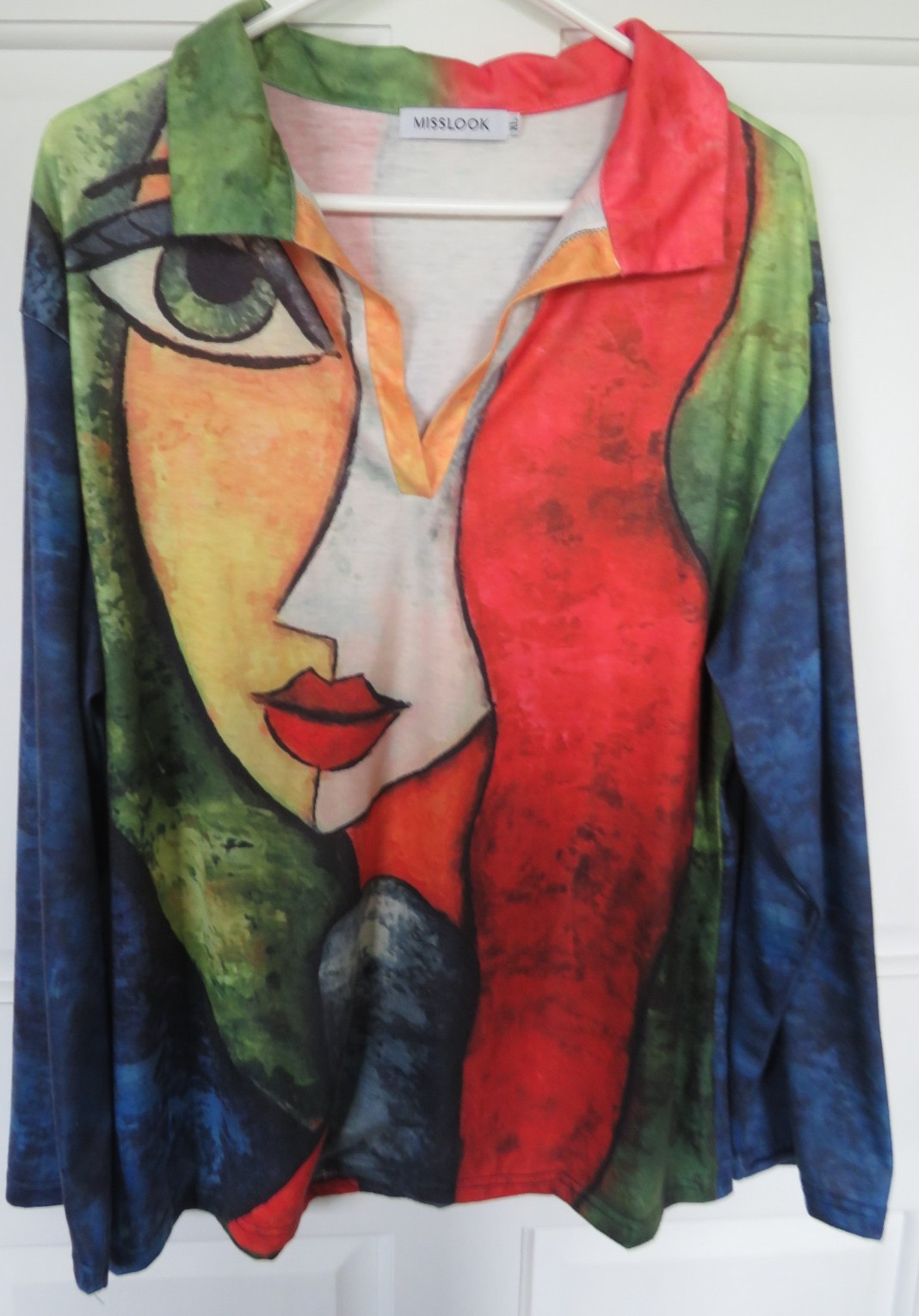 Misslook Womens Pullover Top V-Neck XL Art Face Colorful Watercolor Stretch