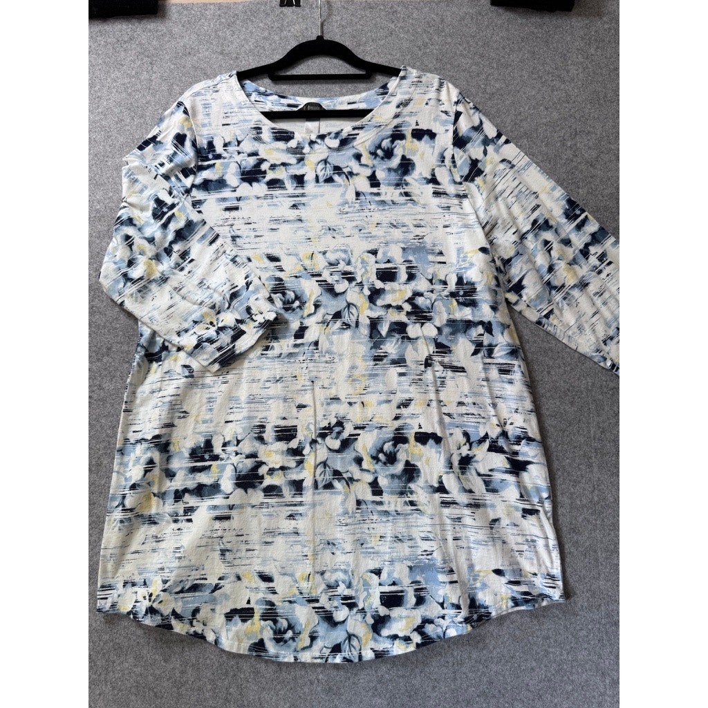 CJ Banks Floral Abstract Print Top 1X Blue White Yellow Cotton Modal 3/4 Sleeve