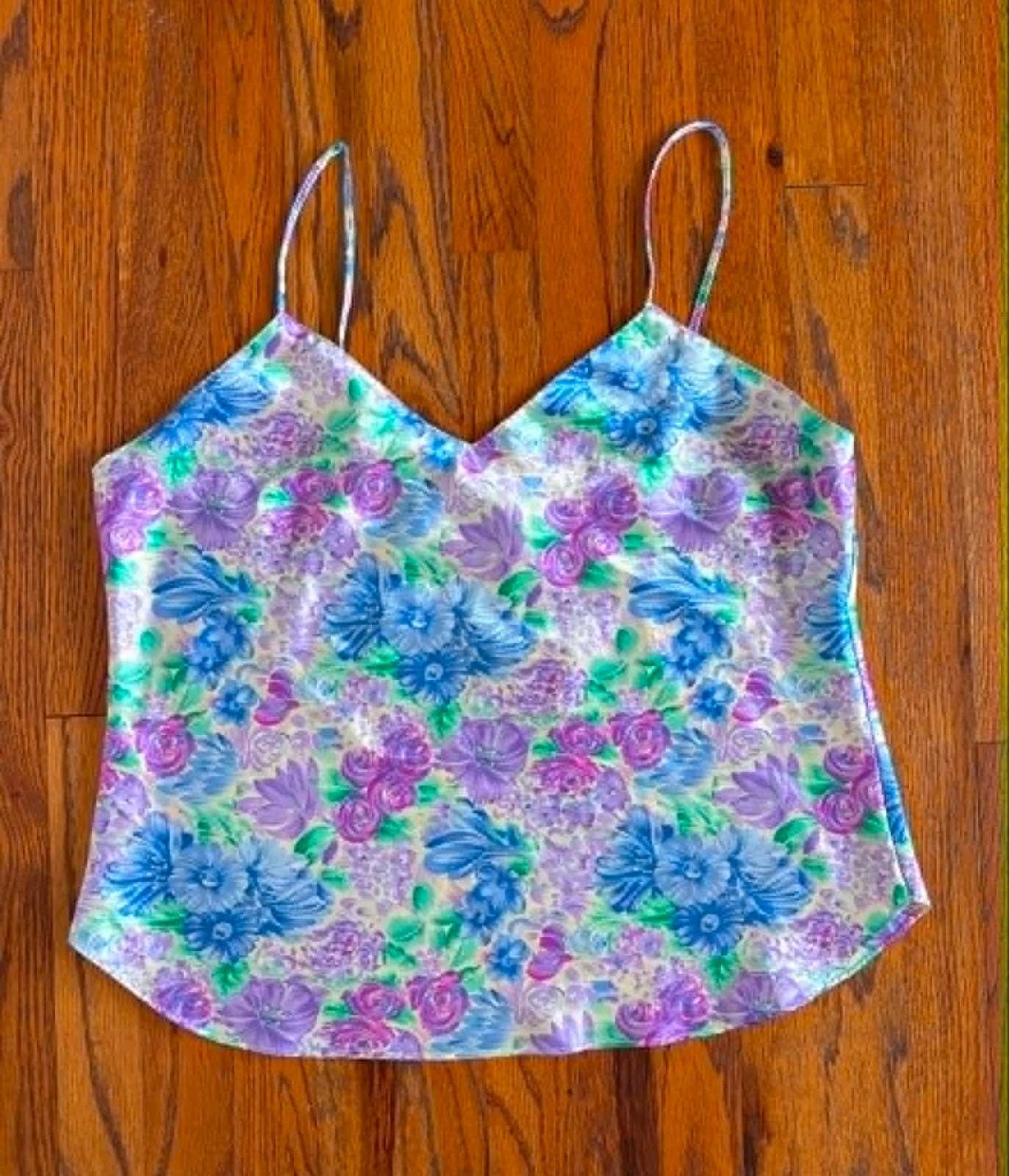 Pastel Floral Satin Cami Top Blue Purple Green Y2K Style