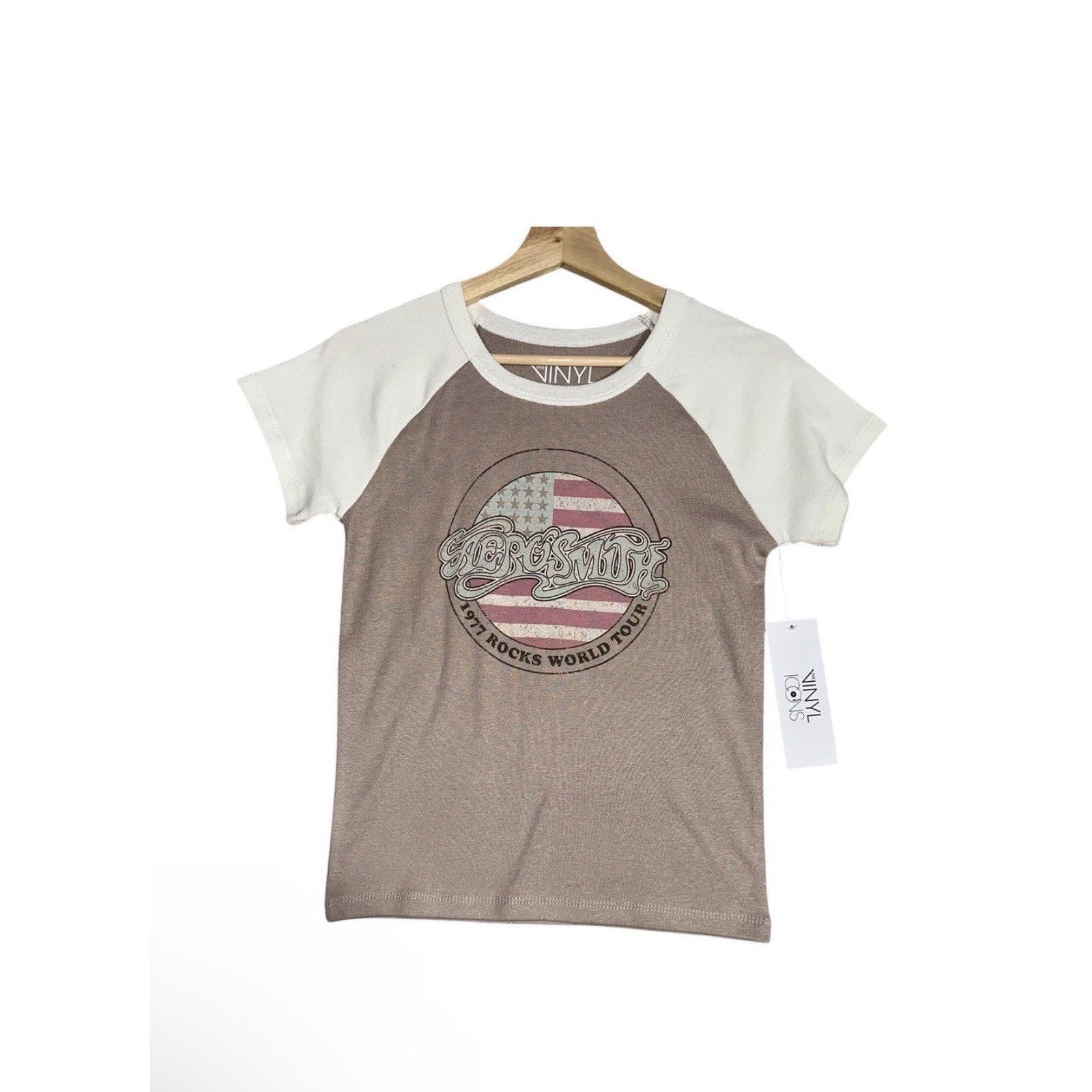 NEW Vinyl Icons Aerosmith 1977 Rocks World Tour T-Shirt Women Sz M Brown Holiday
