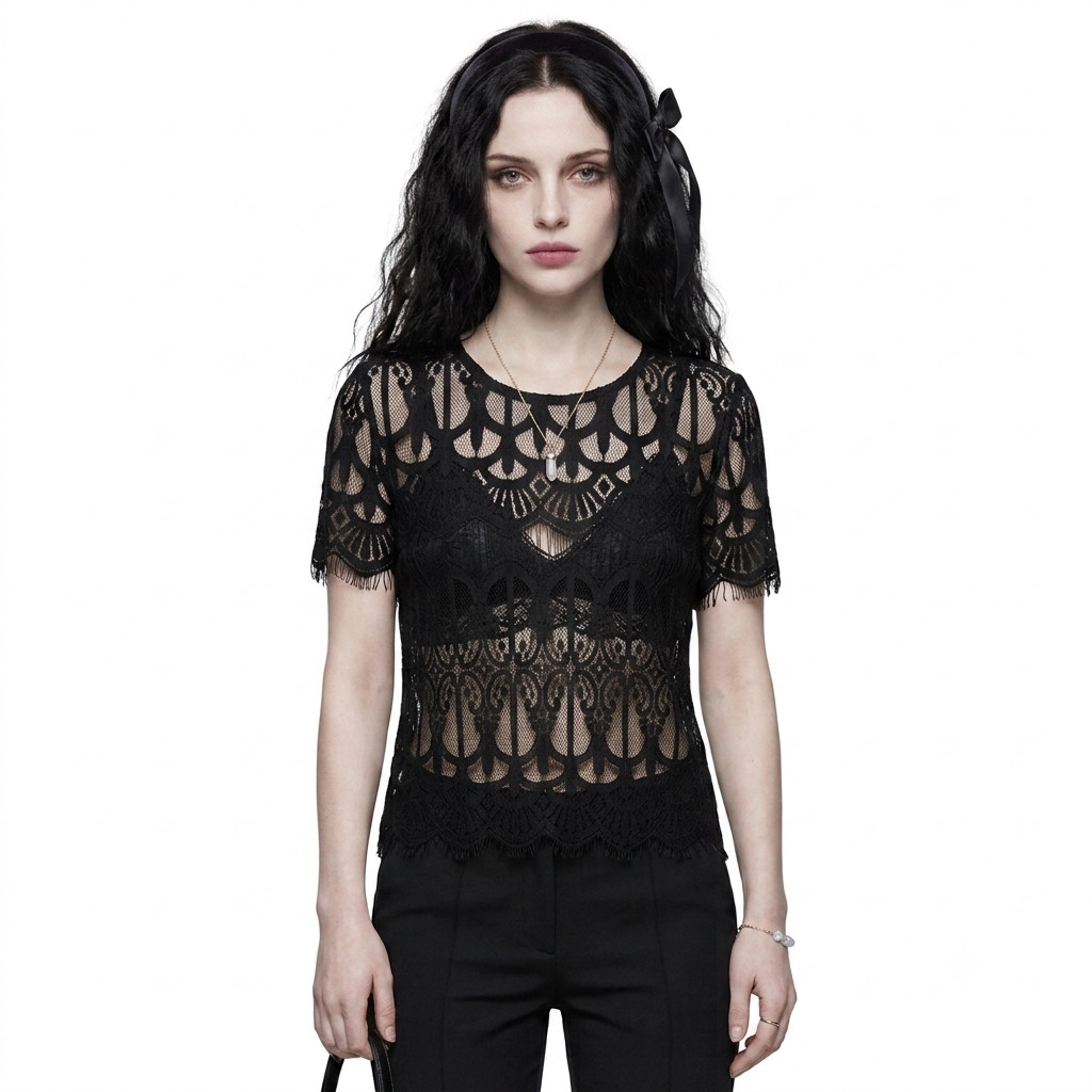 Decree Black Lace and Fringe Sheer Top Large Southern Gothic Victorian Witch Alt