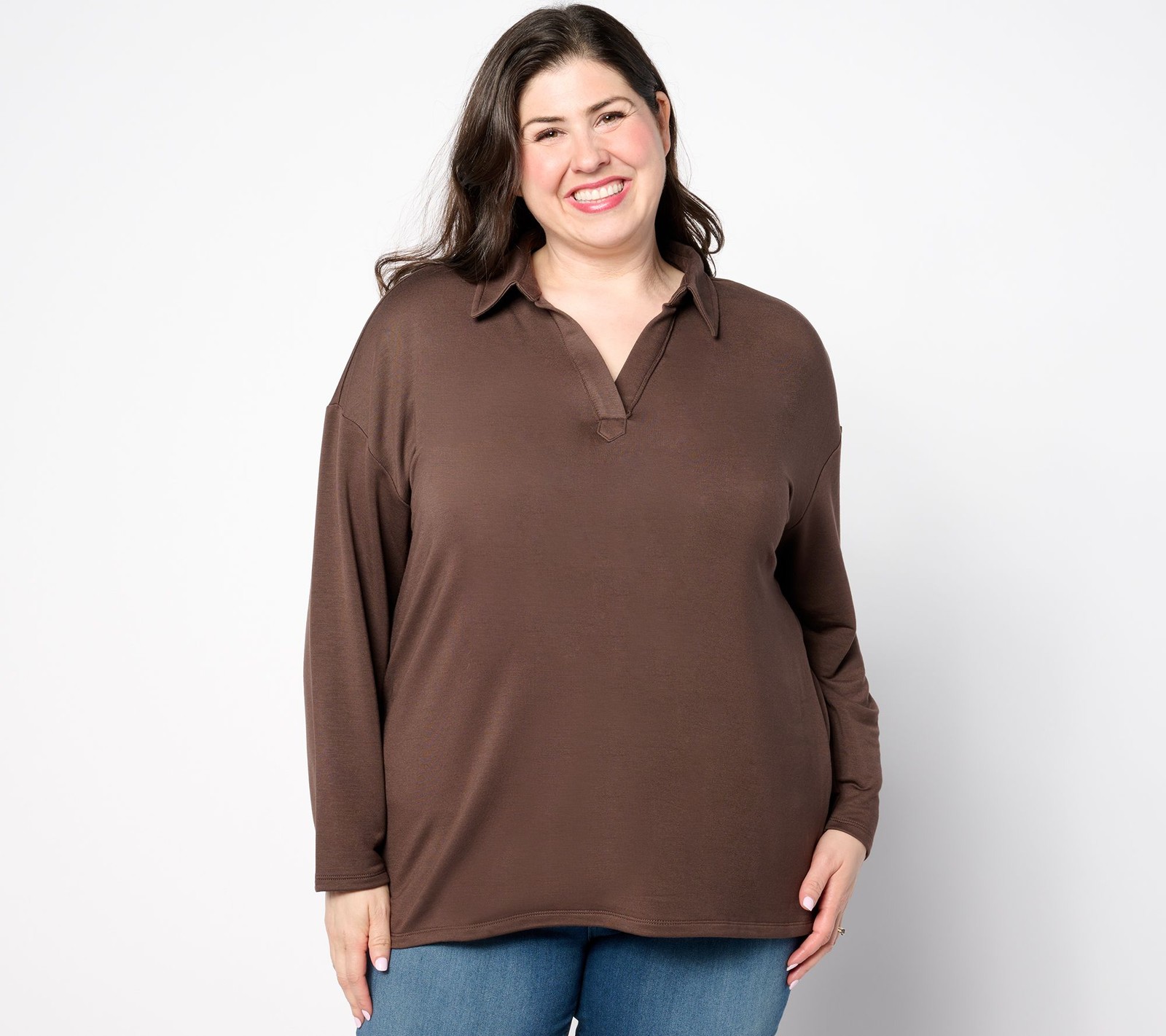 Belle by Kim Gravel MegaModal Polo with Raw Edges Hot Fudge 1X New