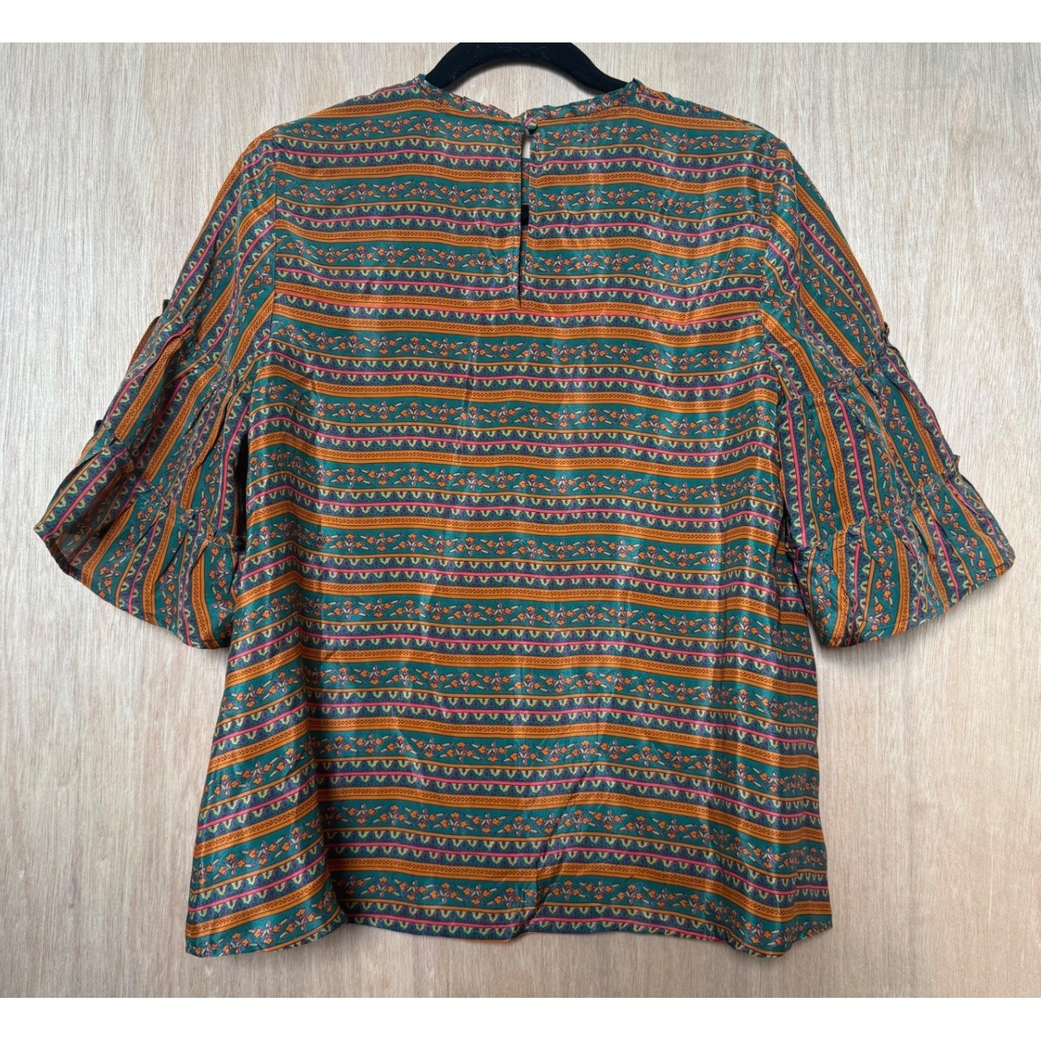 Sézane Ethel Blouse Havana Green Orange Stripes 100% Silk Top Size FR 38 US 6/M