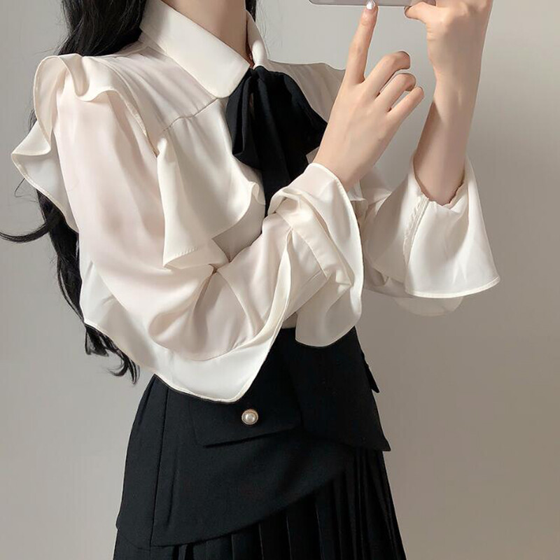 New Sweet Lady Mori Girls Ruffles Tops Lolita Chiffon Blouses Bow Casual Shirts