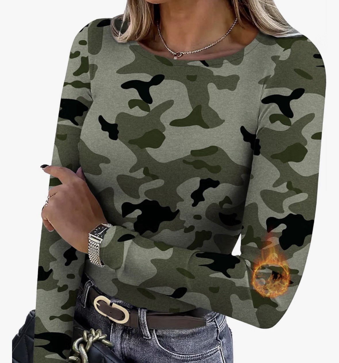 WINOLL Women’s Green Camo Long Sleeve Round Neck Stretch Pullover Top L