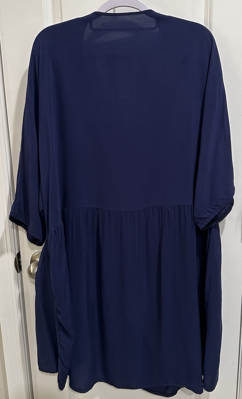 Navy Blue Tunic Top Button Up Front With Pockets In The Front.