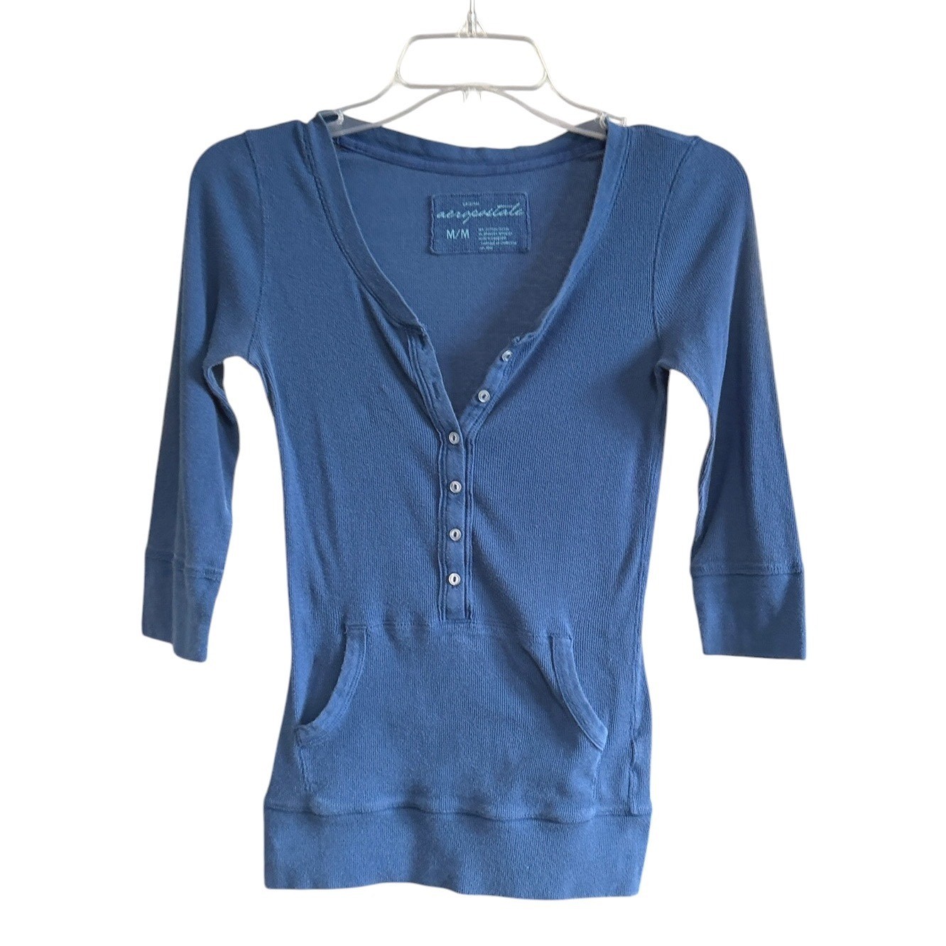 Aeropostale Womens Blue Ribbed Henley Top 3/4 Sleeve Kangaroo Pocket Sz M Y2K
