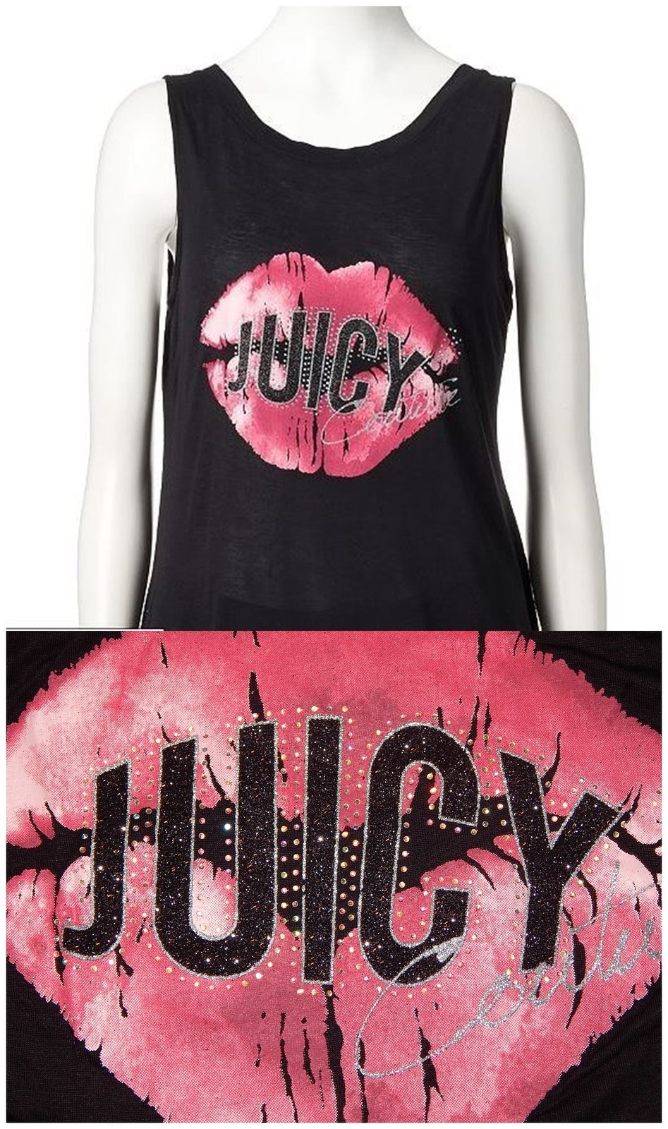 Juicy Couture Women’s Black Bar-Back Lips Tank Top Sparkle Glitter S-XL NEW $36