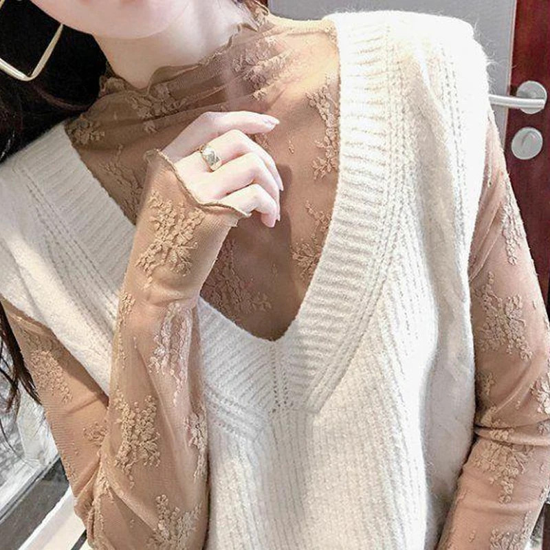 Sexy Women Mesh T-Shirts Transparent Lace Blouse Long Sleeve See Through Tops