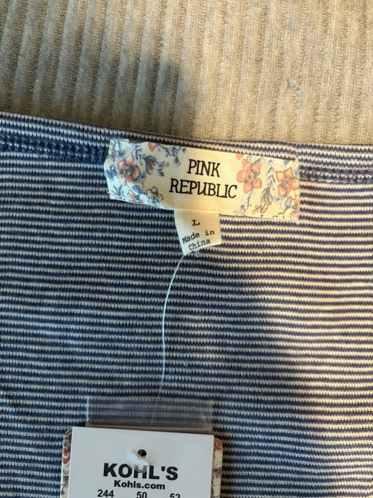 NWT Kohl’s Pink Republic Blue and White Striped Henley Tee, Size Large