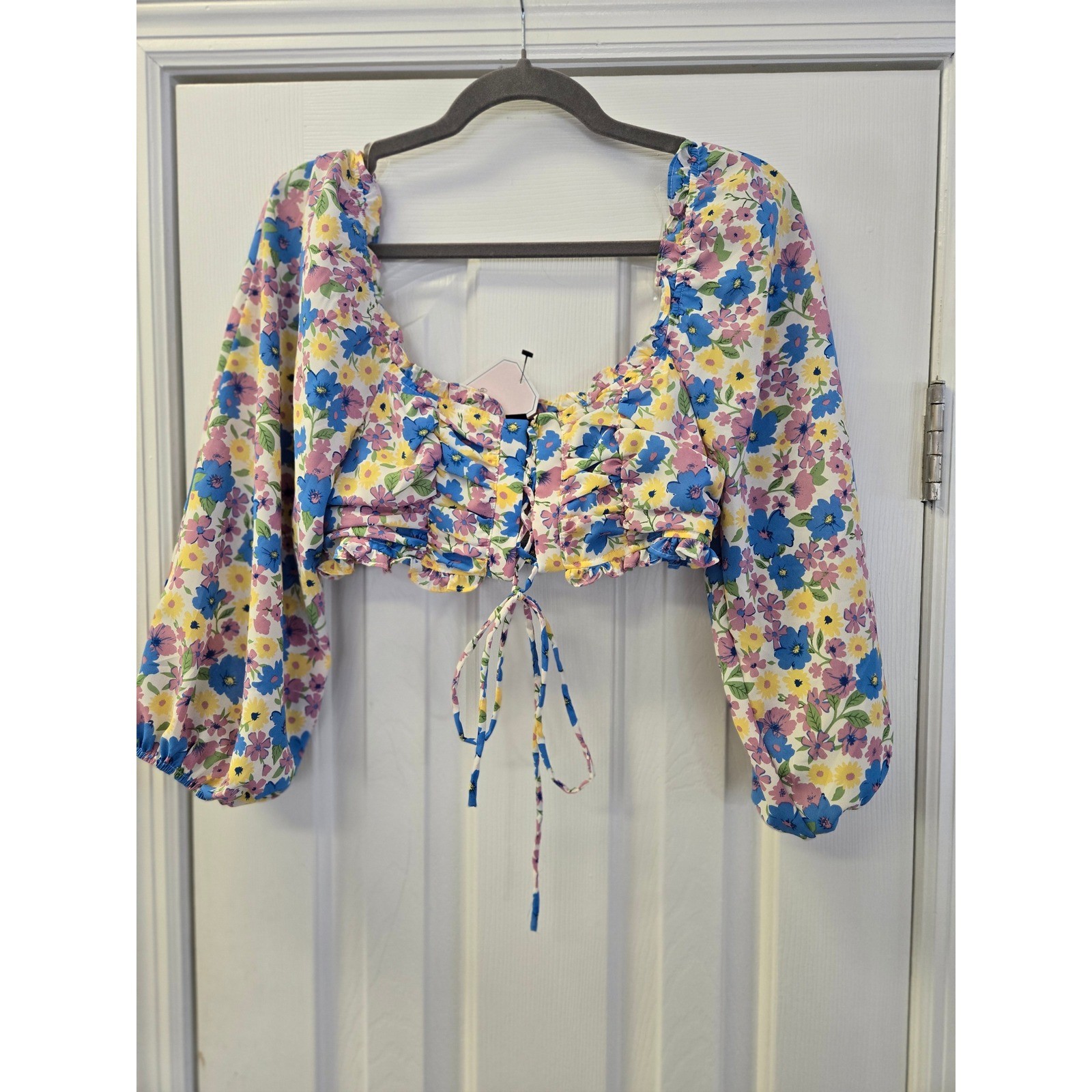 Floral Lace Up Crop Top Puff Sleeve Smocked Back Cottagecore Coquette Babydoll