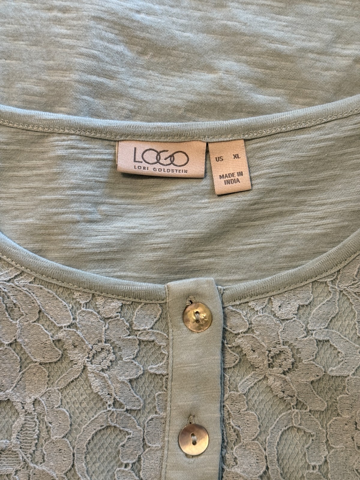LOGO by Lori Goldstein Knit Top w/Button Front Lace Placket Peasant Boho