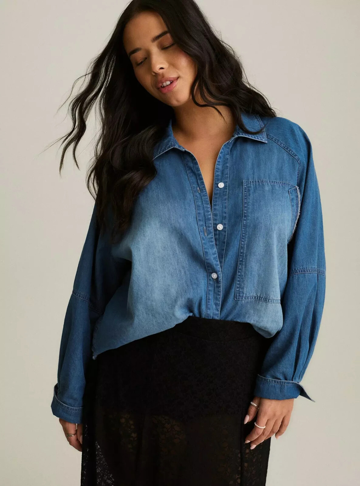 NWT Torrid Plus 2X Festi Denim Shirt Button-Up Long Sleeve Boho Chic Medium Wash