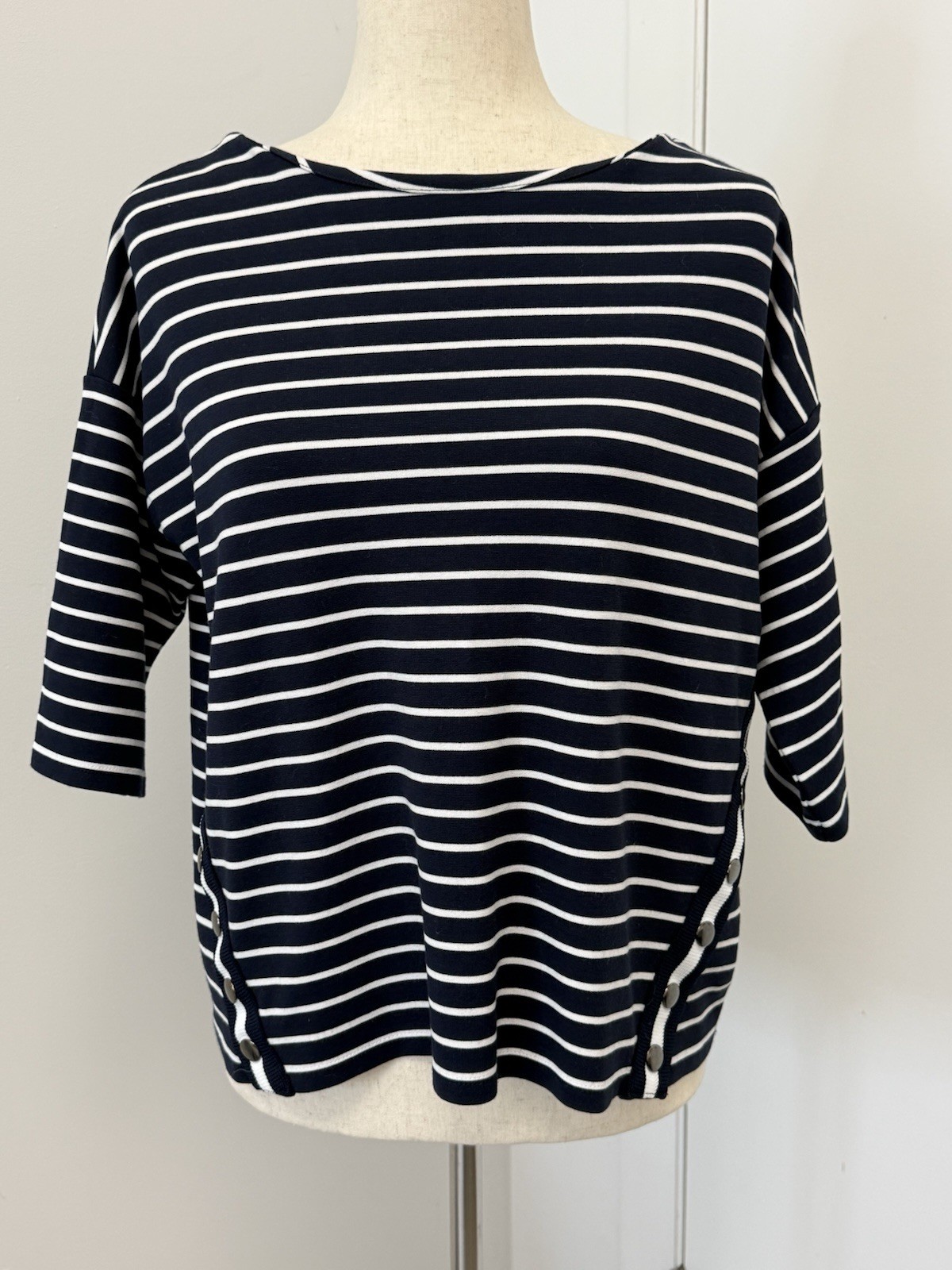Vtg Betty Barclay Women’s 10 Navy Shirt Stripe 3/4 Sleeve Coastal Nautical Boat