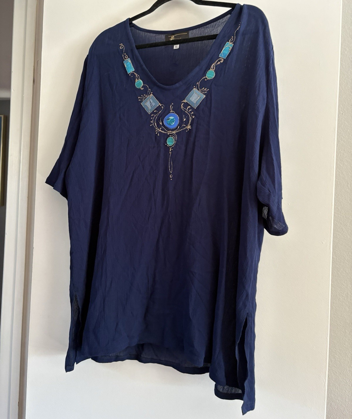 Women’s Blue Embroidered V-Neck 3/4 Sleeve Tunic Blouse XL from Israel.