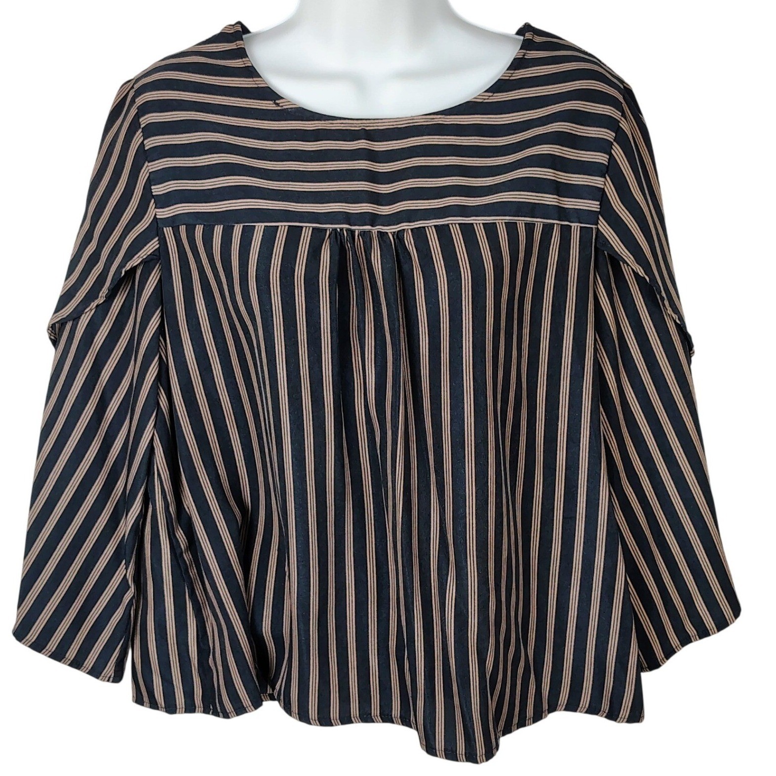 W5 Womens Navy Tan Striped Bell Sleeve Keyhole Back Blouse L nautical preppy