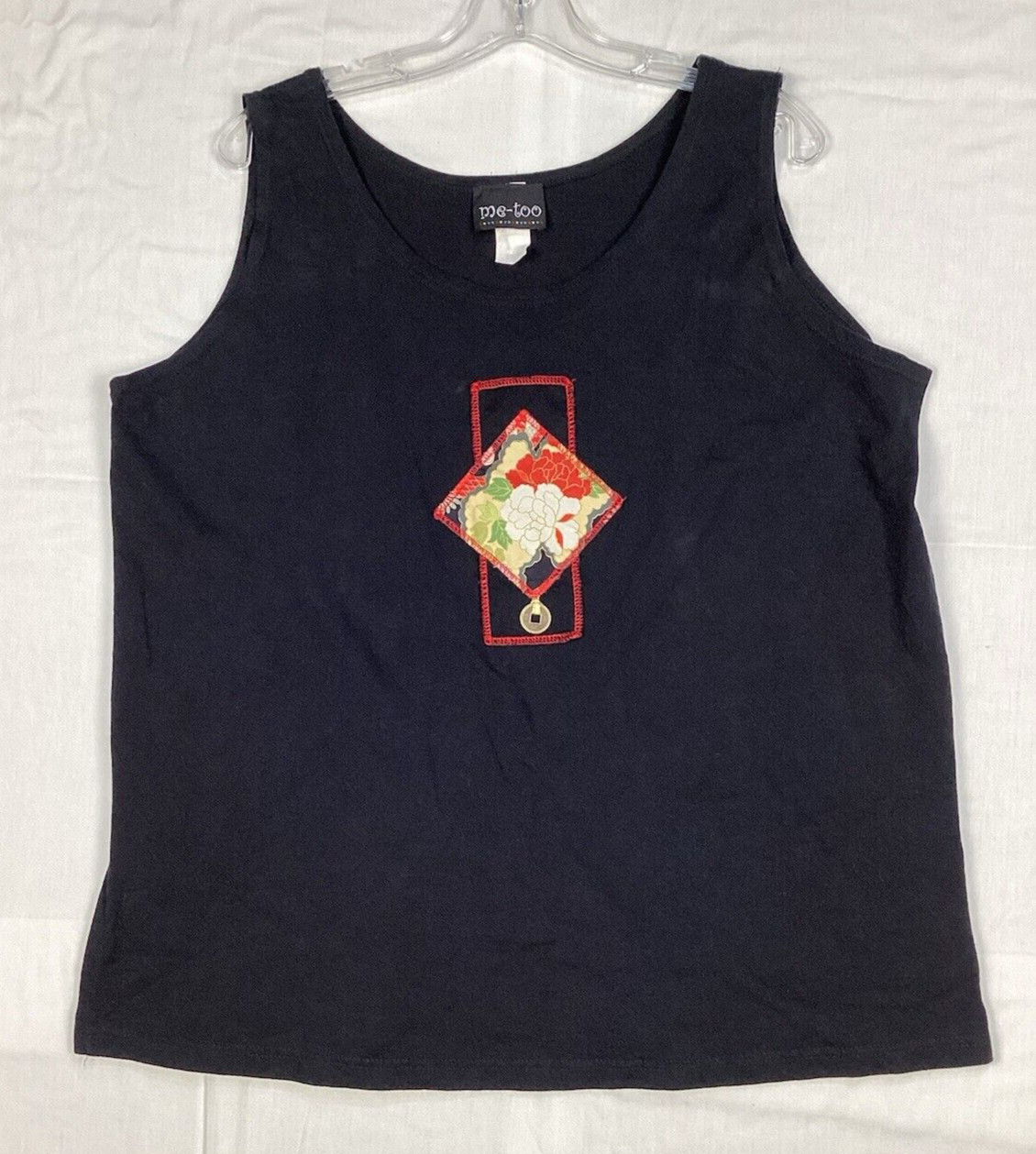 Black Sleeveless Women’s Top Size 2X, Floral Patch, Oriental Coin, Hawaii