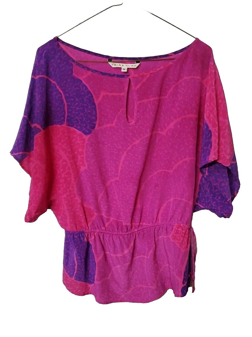 TRINA TURK Pink Magenta Purple Bat-Wing Keyhole Blouse Peplum Top Medium M Top