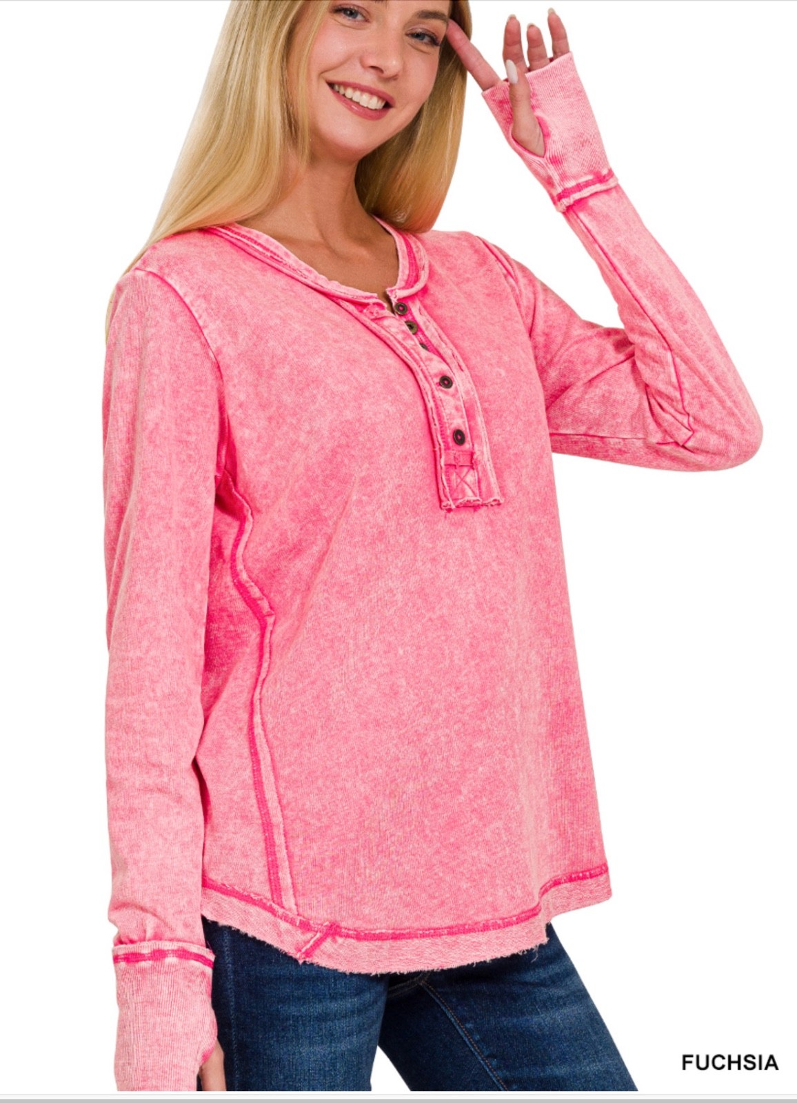 ZENANA 3319 Color Washed Henley Thumbhole top 100% CottonRaw Edge Exposed Seam