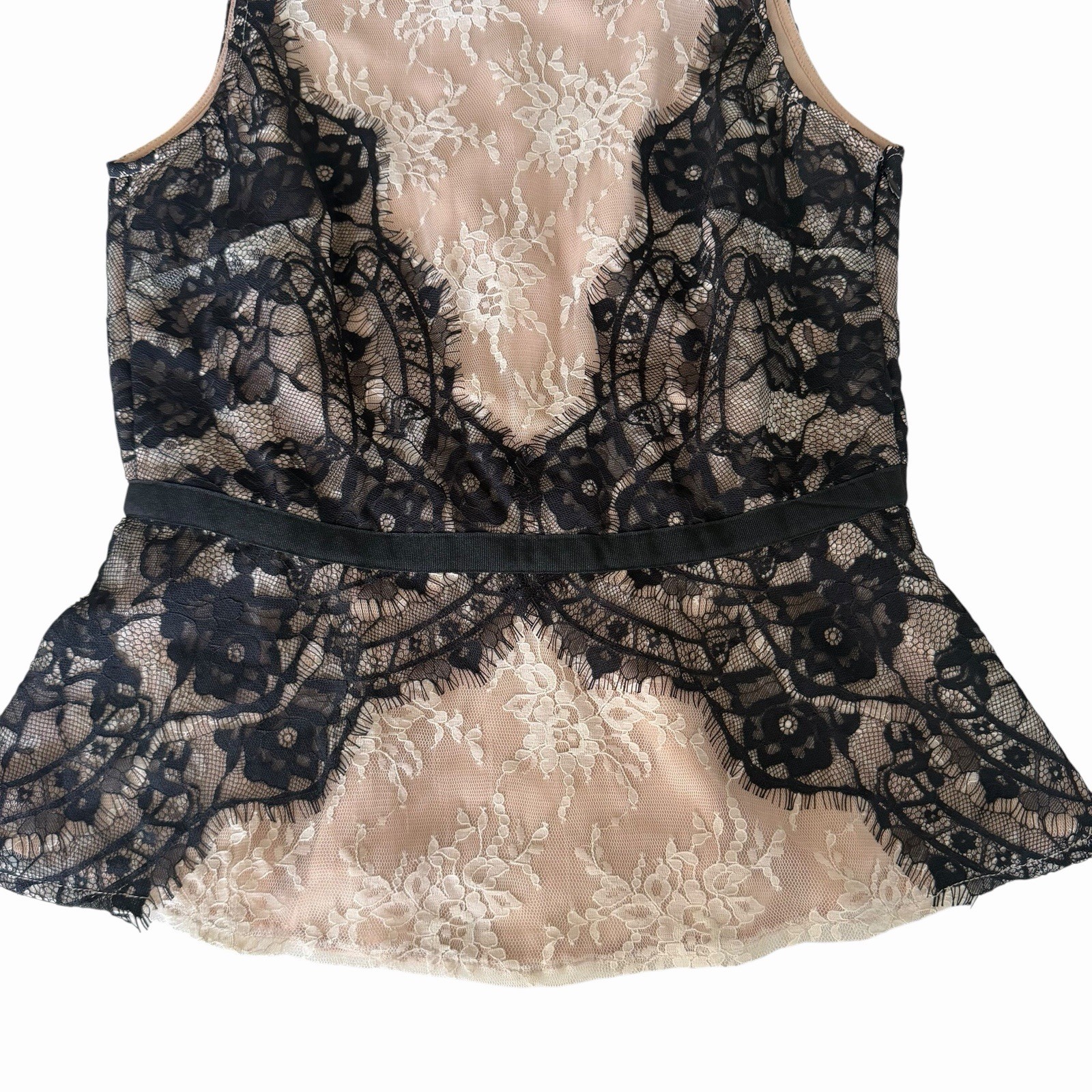 Ann Taylor LOFT Lace Peplum Top Sz 2 Coquette Romantic Goth Femme Nude Black EUC