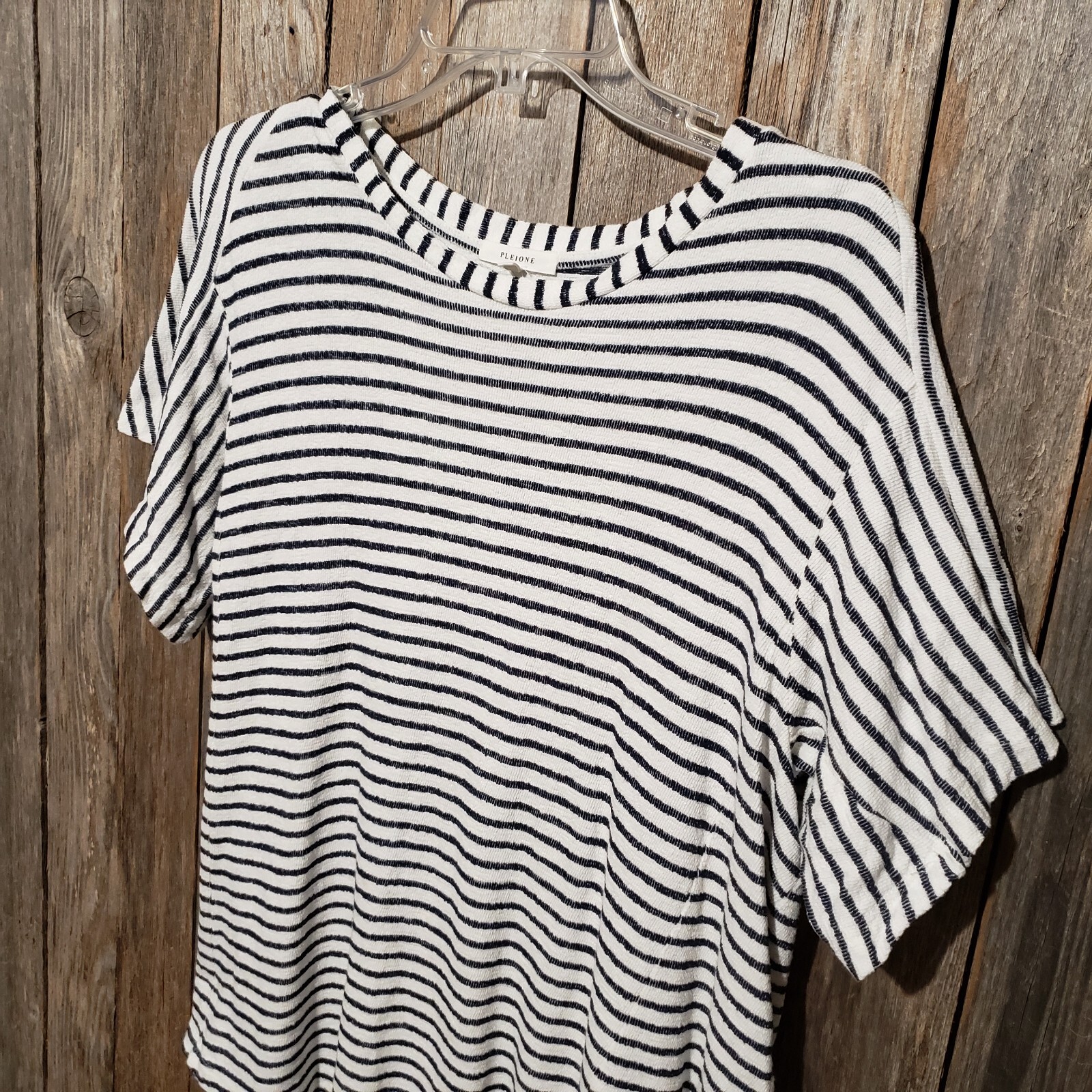 Pleione M Knit Top Cream Blue Stripe Pleated Back Scandi Minimalist Quiet Luxury