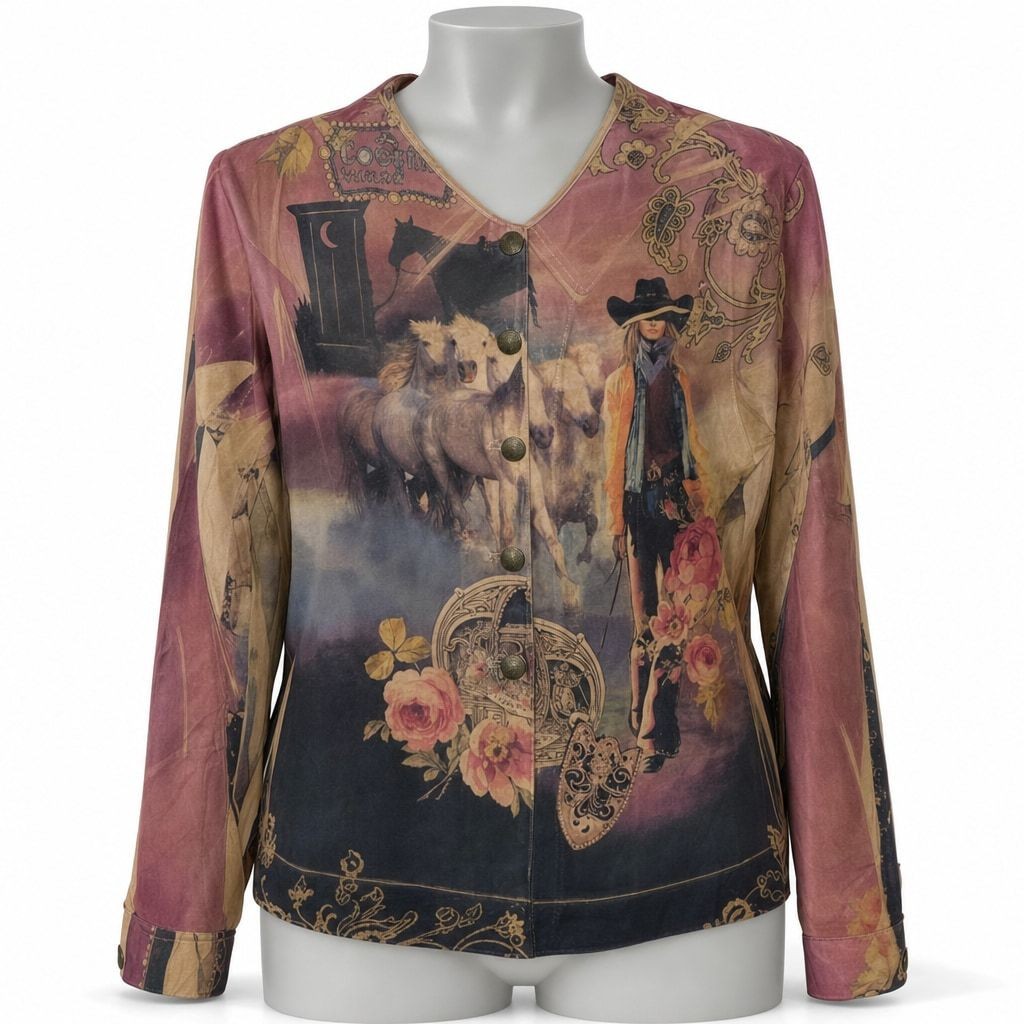 Vintage 90s Fantazia XL Western Cowgirl Graphic Print Button Front V-Neck Blouse