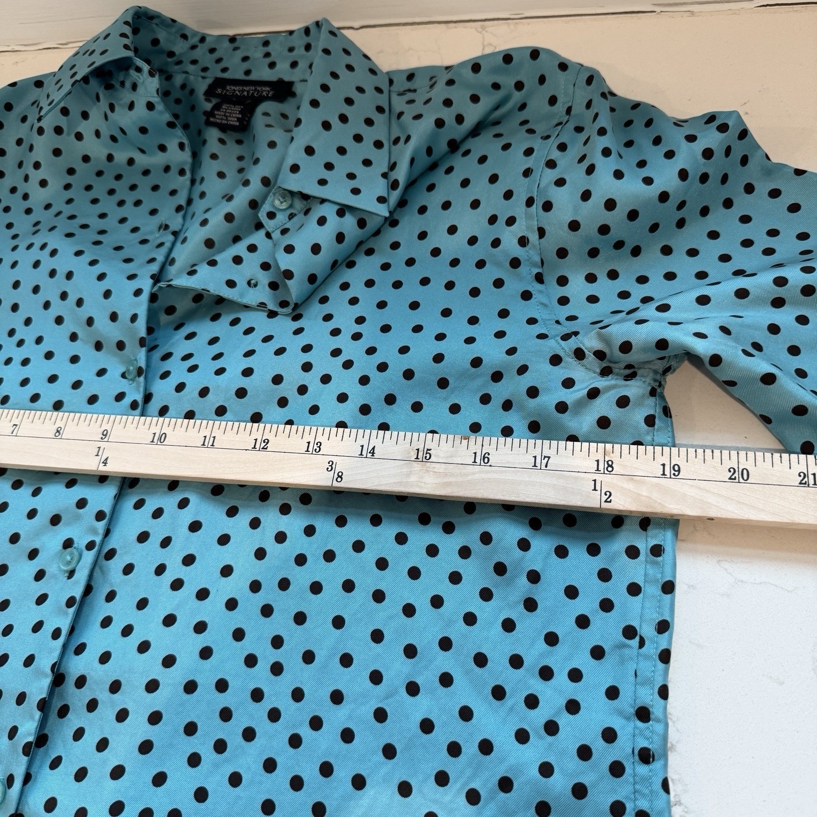 Jones NY 100% Silk Polka Dot Button Down Top Womens S Teal Old Money 90s Preppy