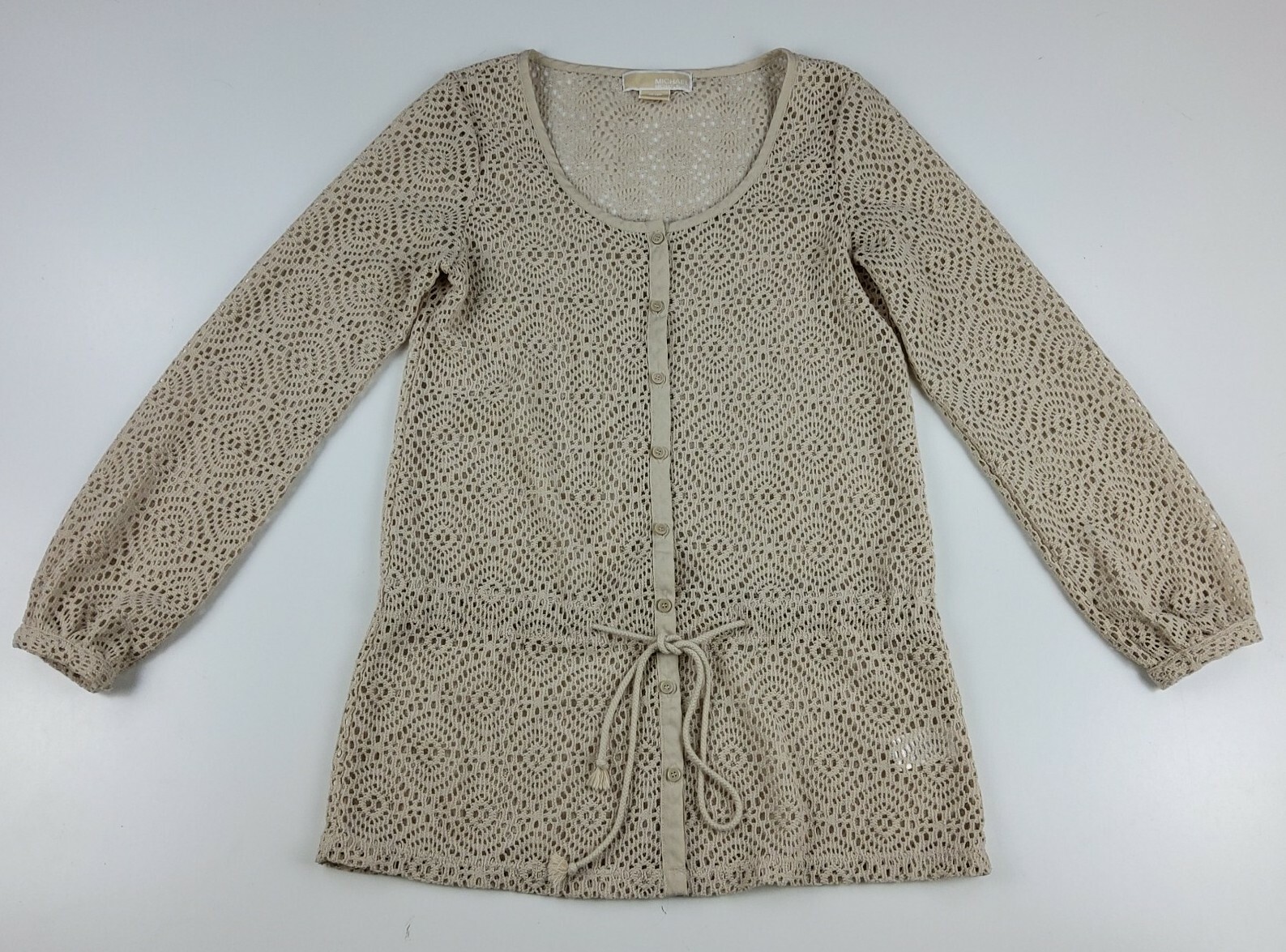 Michael Kors Women’s Button Front Belted Crochet Top Shirt Tan Size S