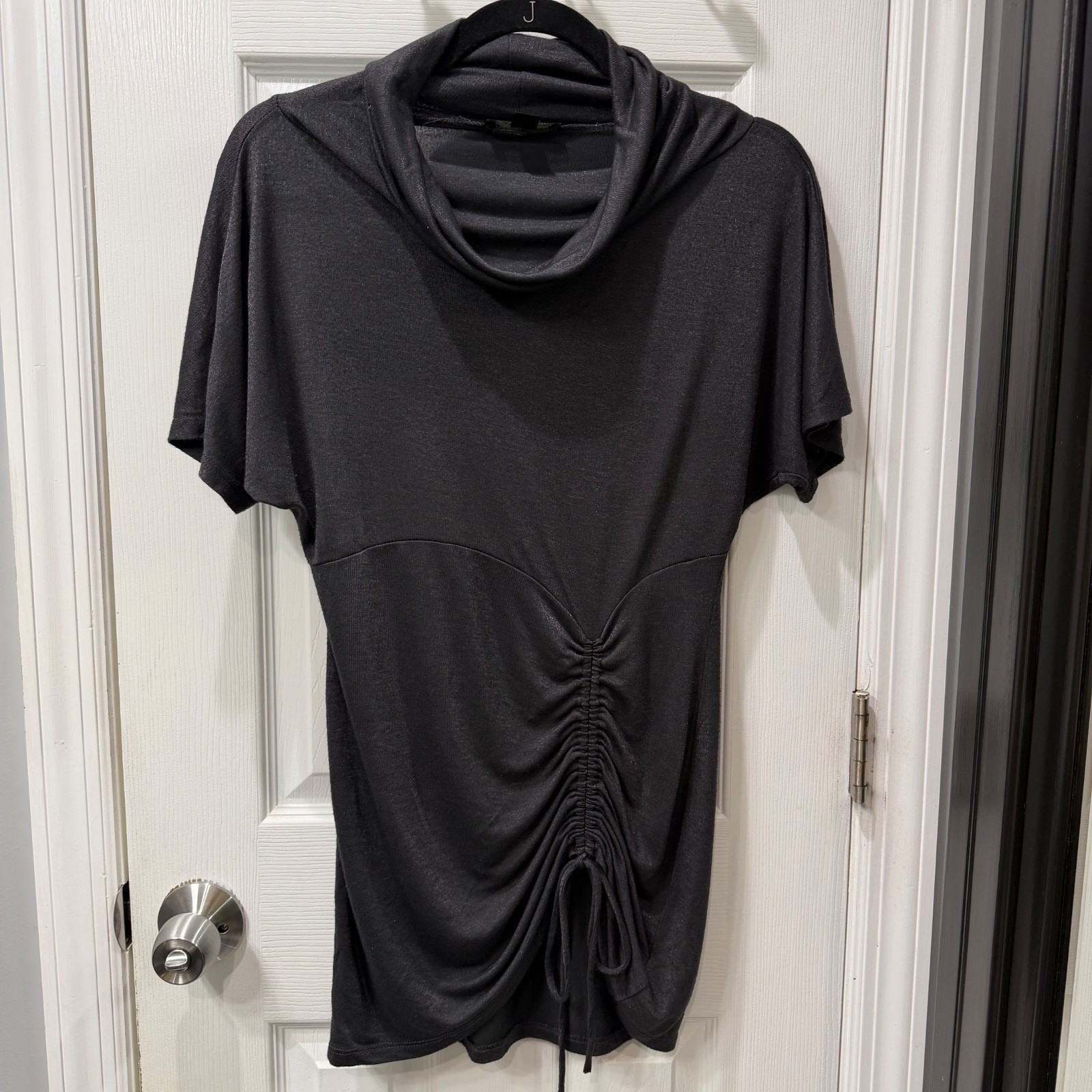 Woman’s Twenty One Shimmer Gray Cowl Neck Ruched Drawstring Tunic Top S/P USA