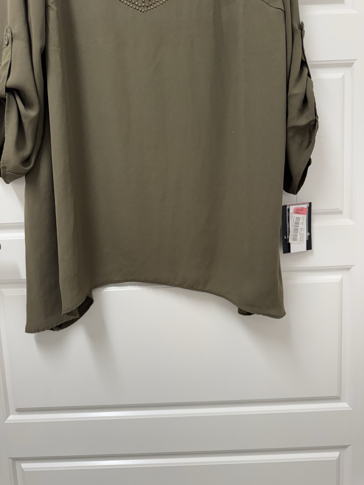 3X I.N. Studio Woman Blouse Top Pullover Green Beaded Sharkbite Hem New NWT A3