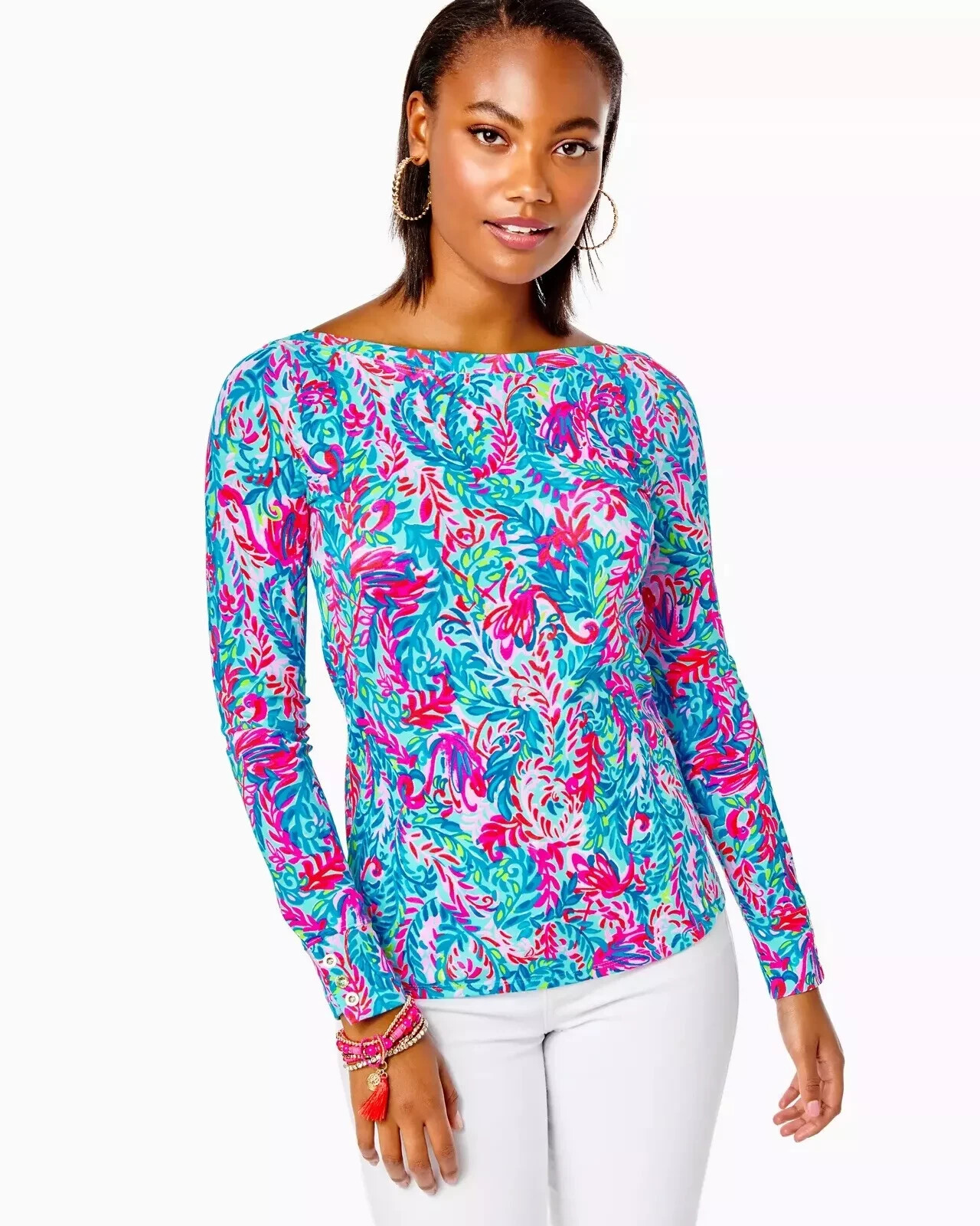 Lilly Pulitzer Aleah Top Long Sleeve Surf Blue Flim Flam SZ XL