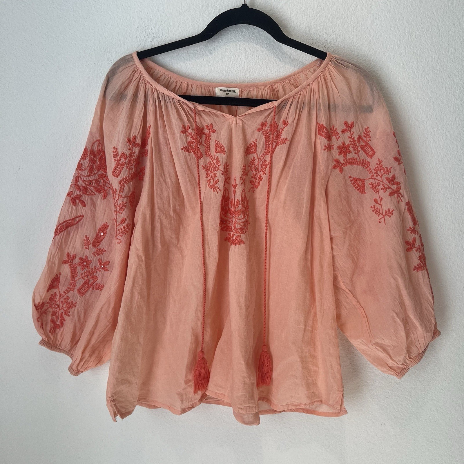 World Market Peasant Blouse Women Sz S/M Floral Embroidered Lightweight Boho Top