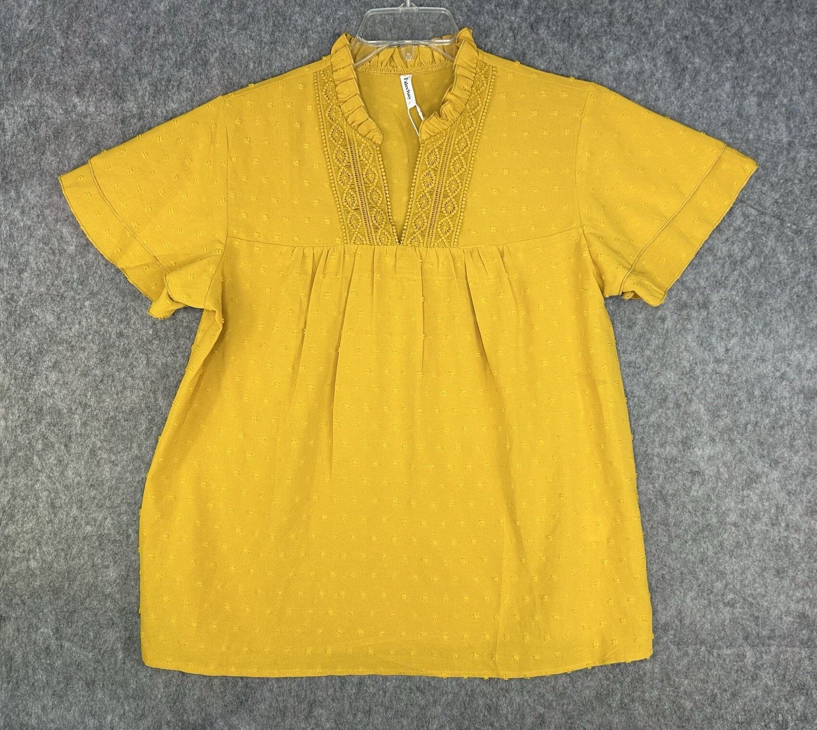 Falechay Women’s Boho Mustard Yellow Ruffle V-Neck Blouse Lace Trim Dots Size L