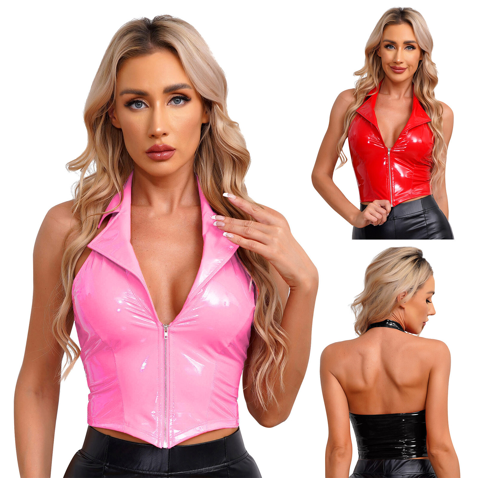 Freebily Women’s Sexy Halter V Neck Sleeveless Backless Crop Tank Top Latex Vest