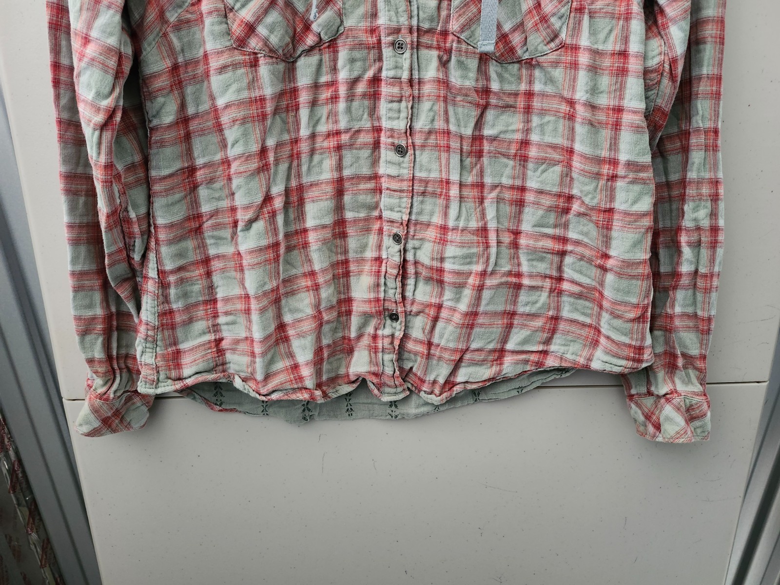 Columbia Top Womens L Red Times Two Button Up Hoodie Plaid Double Knit Outdoor