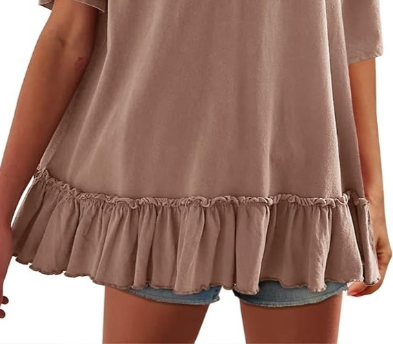 WOMENS SHORT SLEEVE PEPLUM SHIRT WITH RUFFLES LIGHT BROWN XL