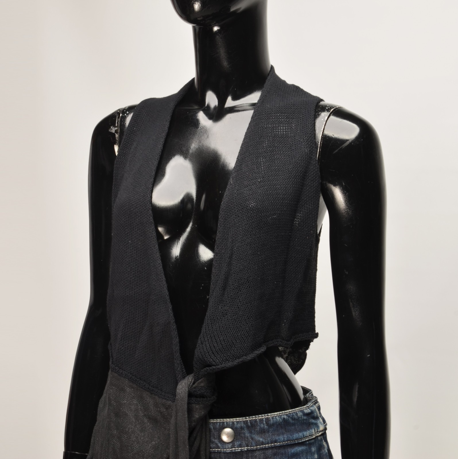 Sarah Pacini Avant Garde Grunge Black Asymmetrical Wrap Draped Top Vest OS