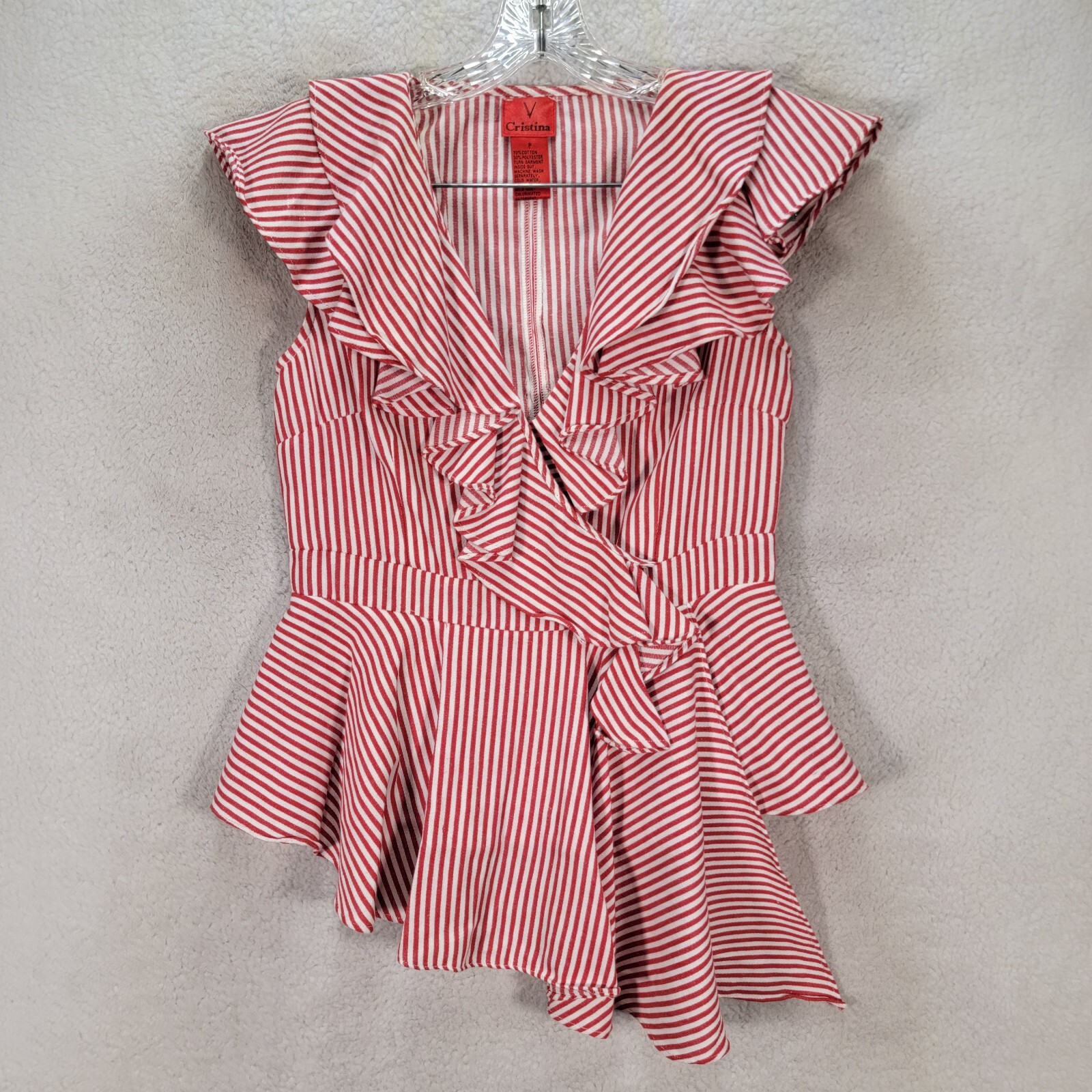 V Cristina Red Striped Ruffle Asymmetric Sexy Pleated Top Womens Blouse Size XS