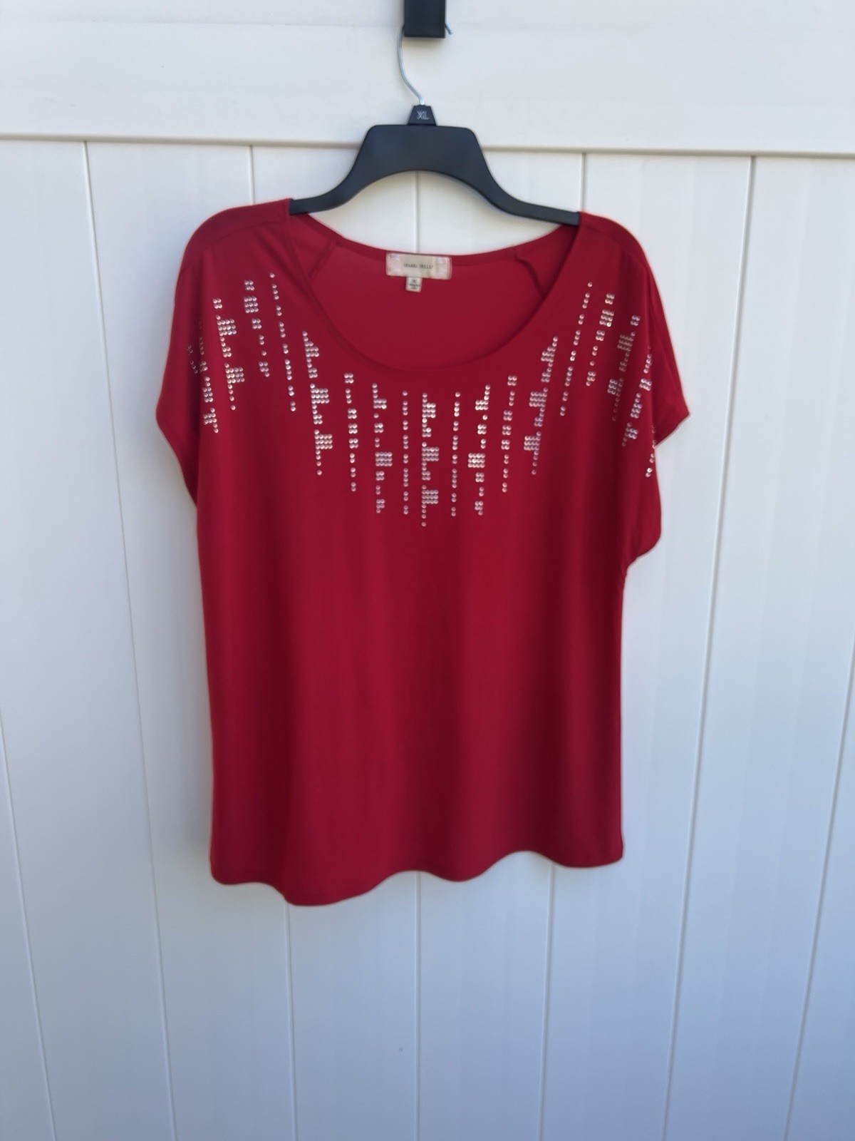 Diana Belle Womens Vibrant Red Sz XL Career Embellished Stretchy Short Sleeve