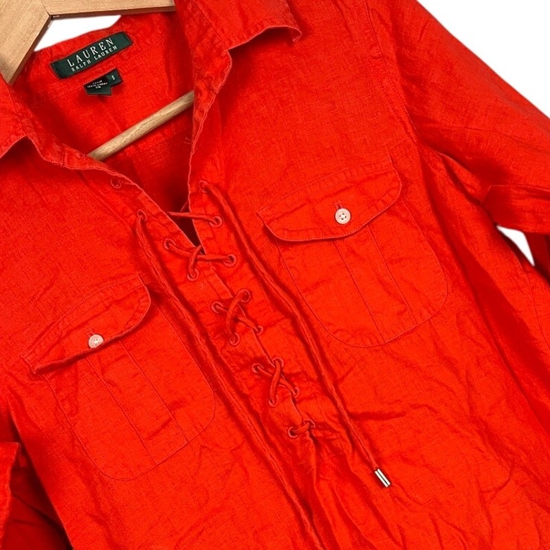 Lauren Ralph Lauren Women’s S 100% Linen Tunic Coastal Lace Up Resort Top Orange