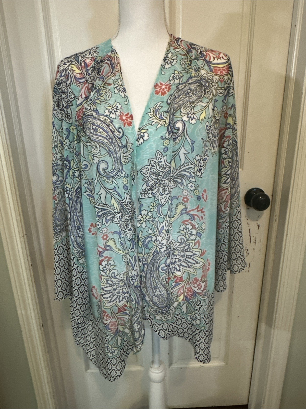 Belle by Kim Gravel Open Front Printed Woven Cardigan Kimono Style A377275 Sz L