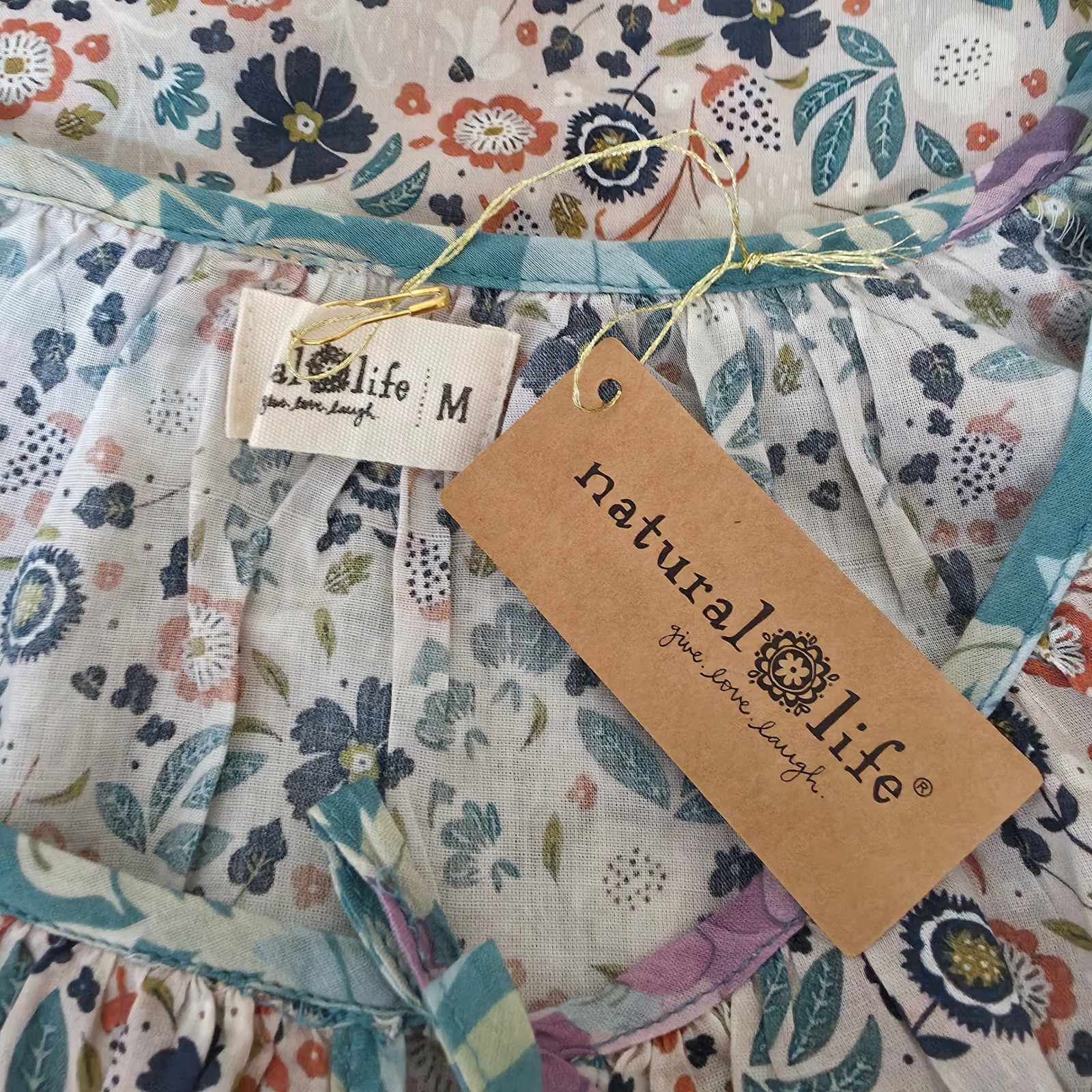 Natural Life Magnolia Cotton Top Seafoam Floral Boho Peasant Ruffle Sleeve M NWT