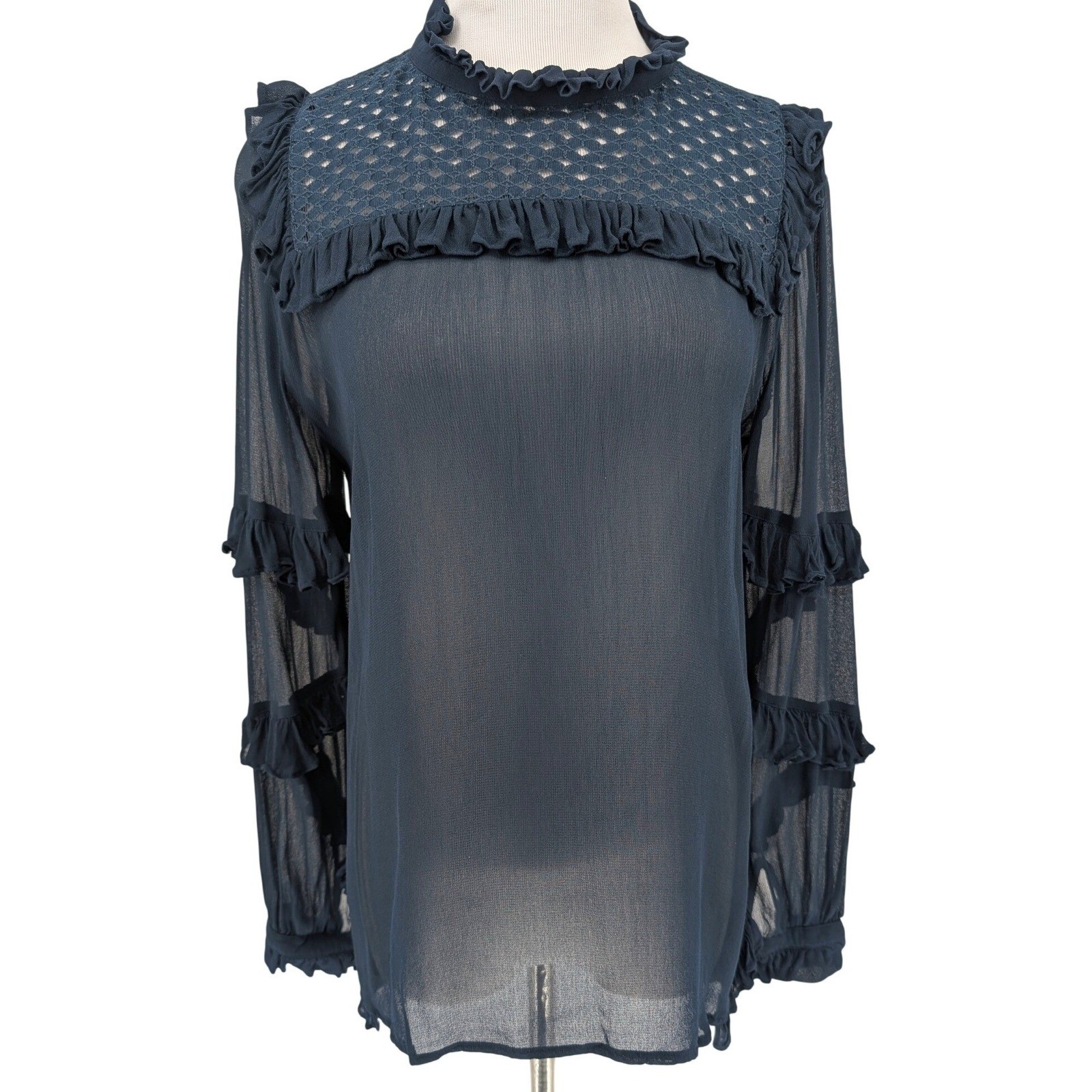 Munthe Sheer Silk Blouse 34 Navy Blue Ruffle Mock Neck Lace Yoke Boho Coquette
